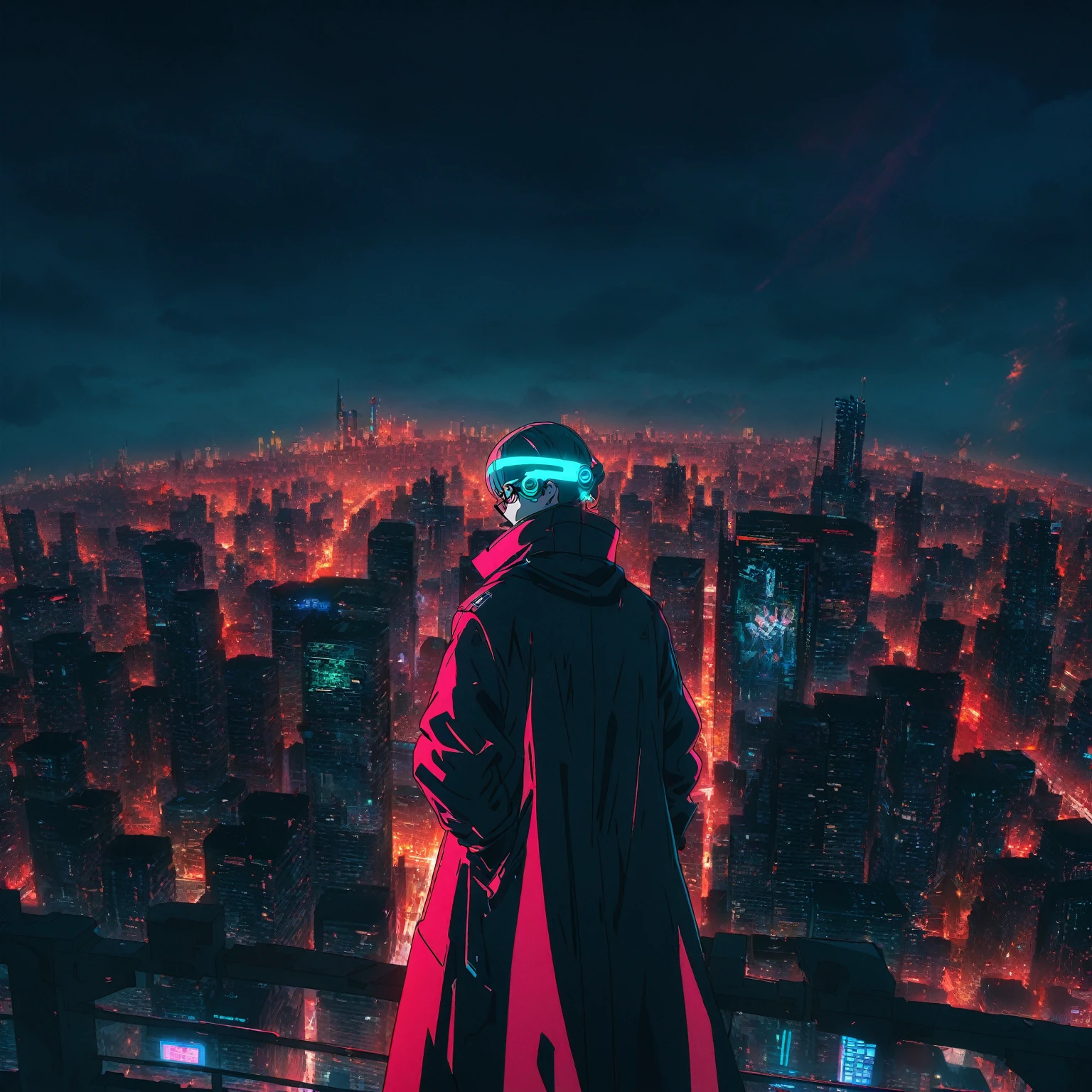 anime character standing on a ledge overlooking a city at night, badass anime 8 k, best anime 4k konachan wallpaper, in front of a sci fi cityscape, digital cyberpunk anime art, in cyberpunk city, ufotable art style, modern cyberpunk anime, anime cyberpunk art, city in the background, anime style cityscape, digital cyberpunk - anime art, figure with facemas and glasses long coat