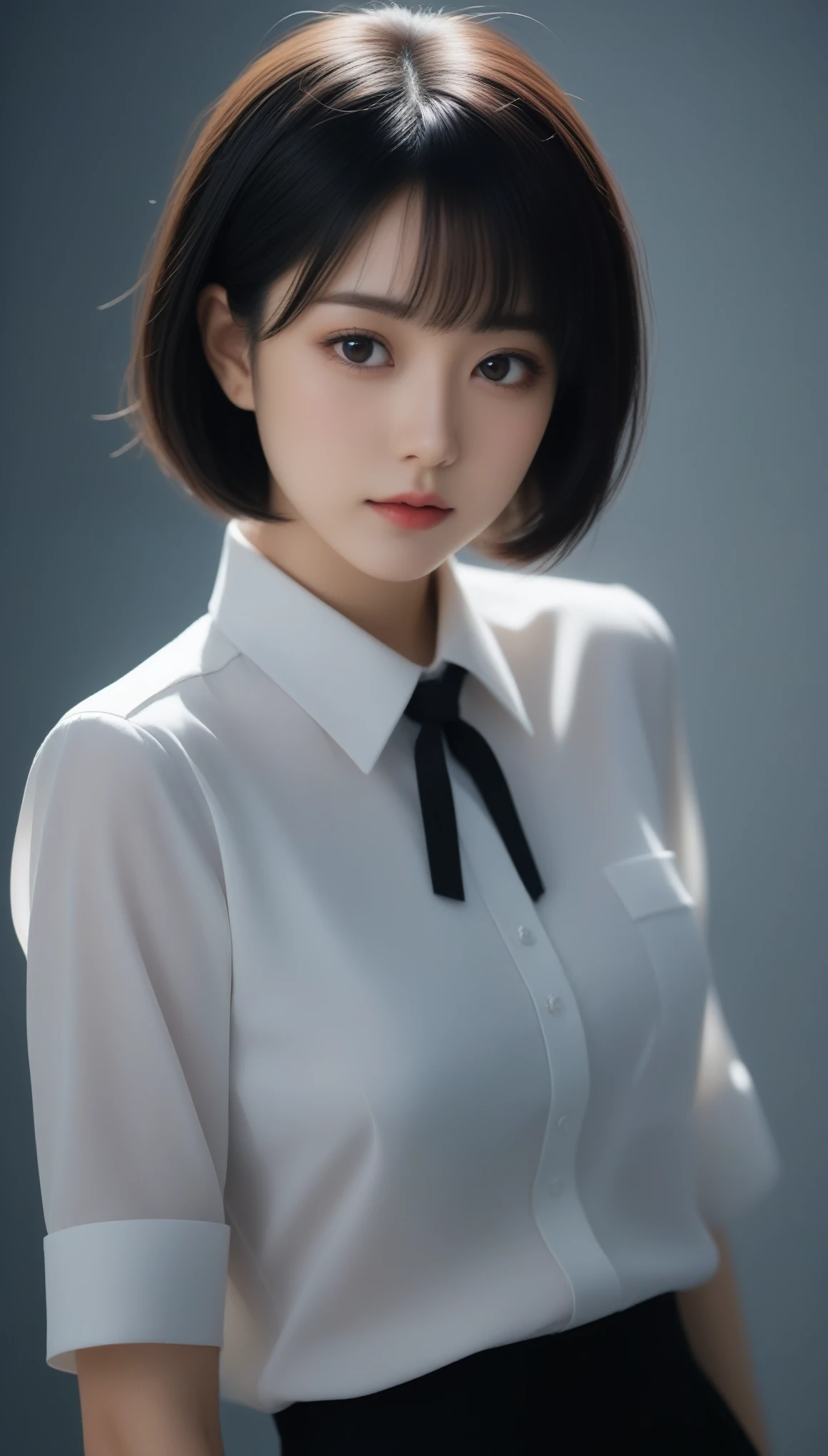 8k, Ultra-high resolution, Highest quality, masterpiece, 三分割法によるphotograph,Surreal, photograph, 1 Girl, (:1.3), pretty girl, Cute Face, Beautiful eyes in every detail, 細かくdetailedに,masterpiece,One Girl:1.2,Japanese female officer,Superior non-commissioned officer,full body,Black short hair,Bob with bangs, (The finest ceremonial attire:1.3),Pencil Skirt,Nazi SS uniform,HUGO BOSS,Sharp contours,Looking down,Gray background, Light from above, Low contrast, (Side view),Perfect and beautiful face ,完璧でCute Face, Skin with attention to detail, Perfect limbs、Narrow waist,Looking at the audience,(((Ideal body type))),A cup small breasts :2,Portraiture:2,Perfect Anatomy,鮮明なdetailed,detailed,Surreal,Light and shadow,glowing