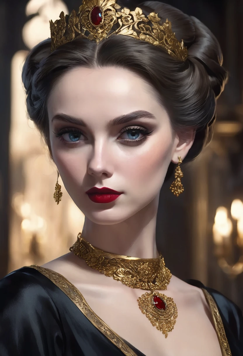 1 woman, inside a dark and gloomy castle, wearing an elegant black dress, golden jewelry, detailed facial features, thin eyebrows, gray-blue female eyes, detailed white skin, golden brown hair in a neat bun, dramatic lighting, cinematic composition, dark palette, dark colors, atmospheric haze, thin chin, serious face, thin body, thin face, red lipstick, beautiful woman (best quality, 4K, 8K, high-res, artwork: 1.2), ultra detailed (realistic, photorealistic, photorealistic: 1.37)-