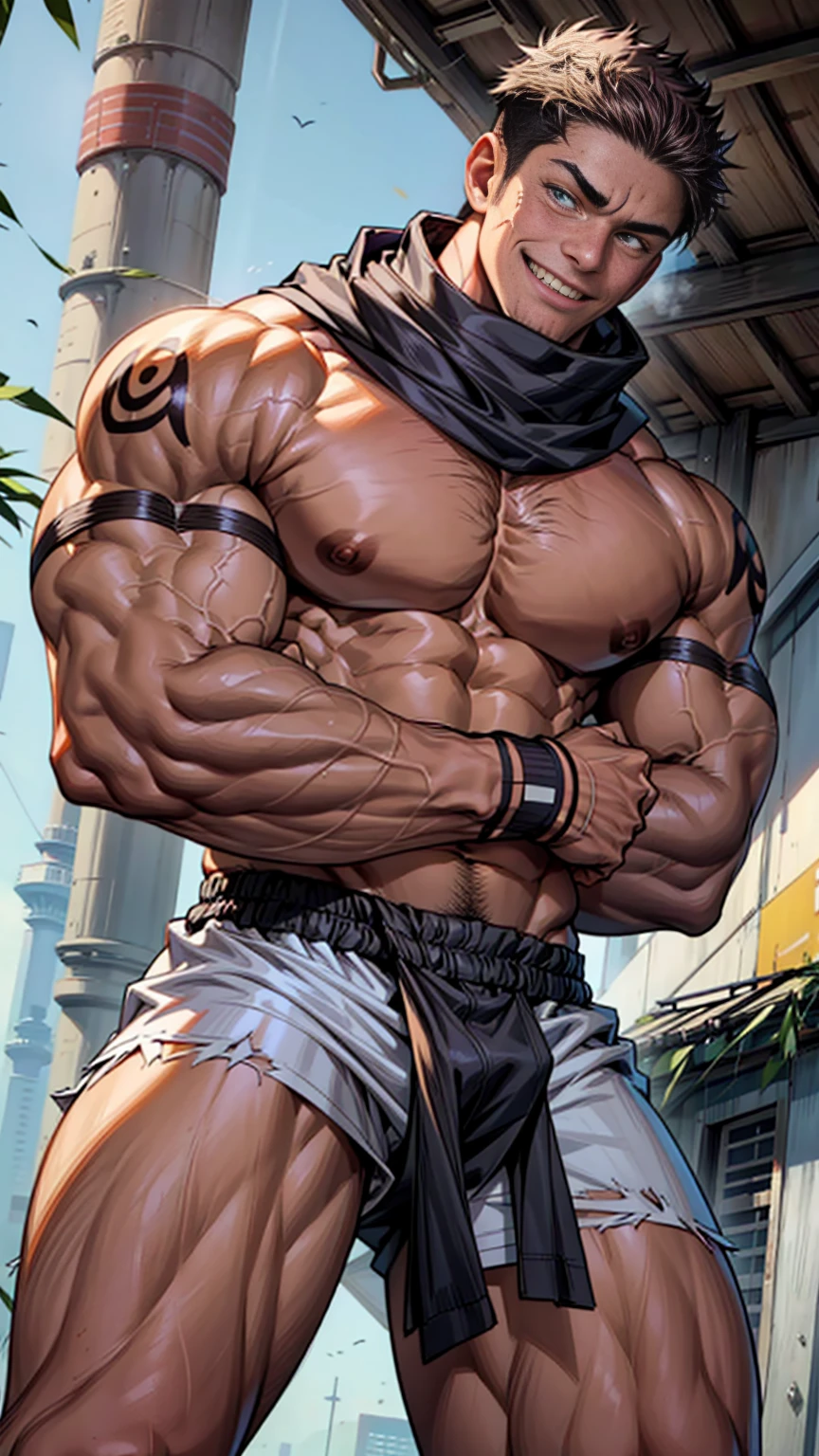 A male athlete，Wearing shorts,He is very muscular,Shot from below，Abstract Background,Lift up your trouser legs,scarf，Vest，Cloth wrapped around hands，Leg hair，Hair flutters in the wind，Open his legs，Hairy body，Hair on arms，Broad shoulders, huge, Muscular pectorals, Strong man, Carefree expression, Naughty smile, huge, 肌肉发达的身体和huge, Raised pectoral muscles, Muscle Abs, Willow Waist,