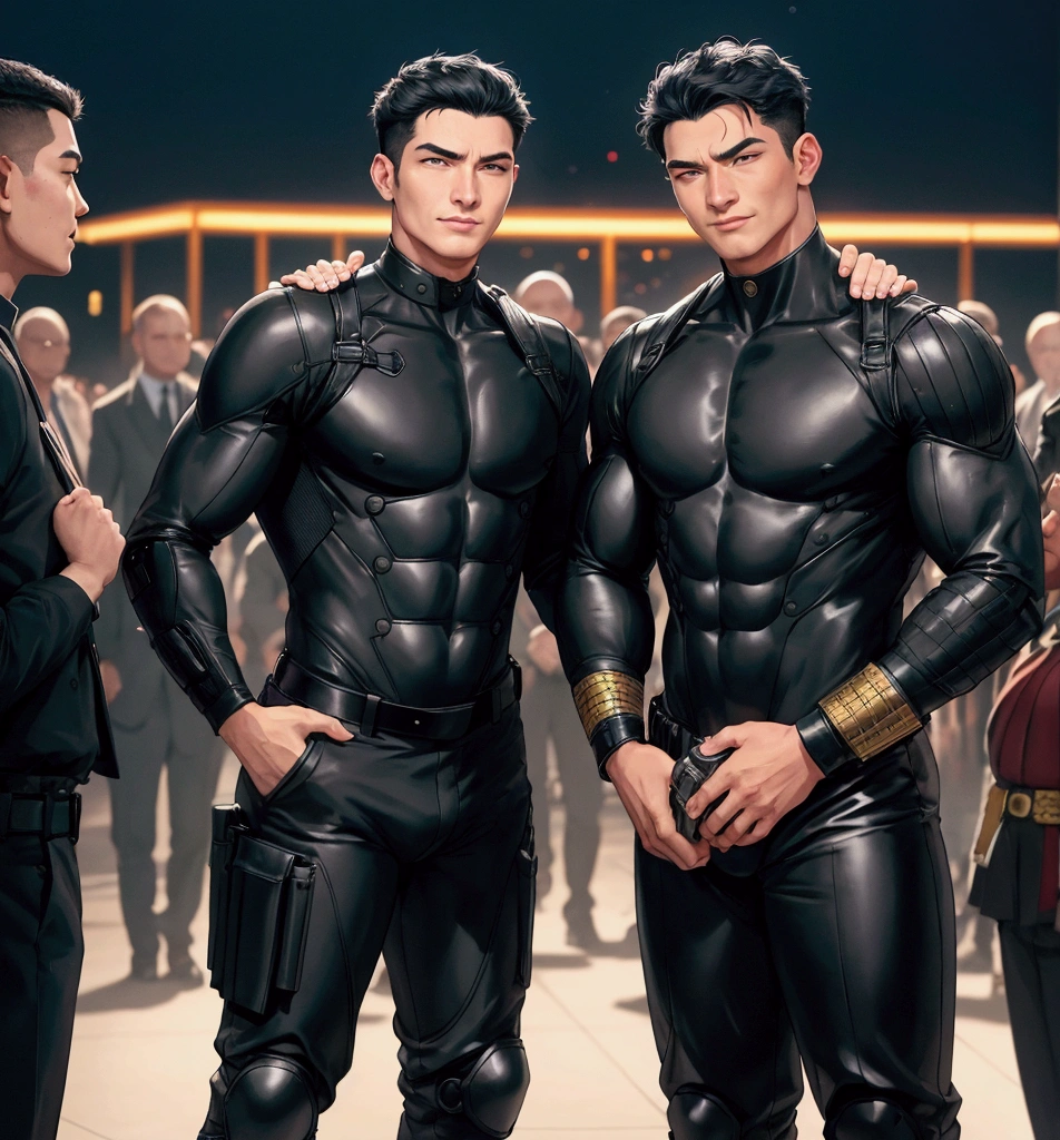 30th Generation、Men in their 40s　Black bodysuit、Shocker Belt、Combatant、Night meeting place、ceremony、100 Men、Everyone stand in a line with one hand raised、logic,Gay ,Black Hair、Very short hair。The crotch area of the pants is bulging、Villain&#39;s scary smile、With a handgun on his hip