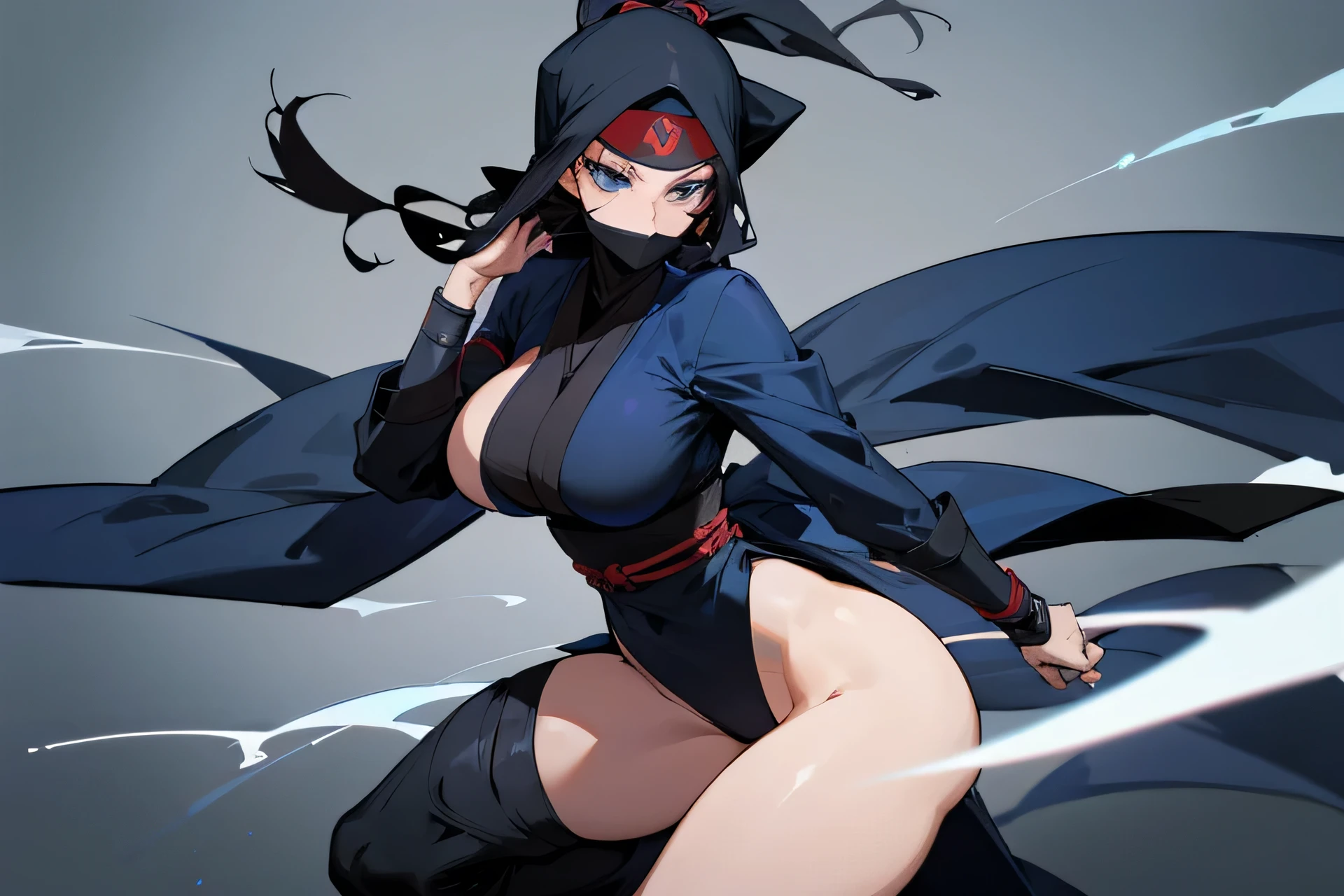 It's ninja female, Black ninja robe and head covering to cover the face like a ninja, Big breasts and big, tight thighs, black hair, Wearing a full-coverage outfit like a mysterious ninja, dark blue eyes, sexy post,