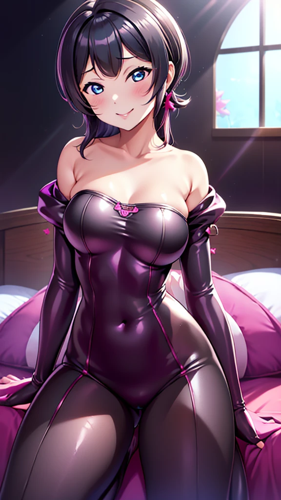 night、lovelive Asaka fruit forest、Black Background、Evil background、Hotel Bedroom、Sensual pink light、A shiny, deep pink rubber suit that wraps around the body、Upper Body、tall、Black long gloves、Upper Body、Evil female warrior、Fantasy、Condescending smile、Fallen into evil、Fall into Darkness、Sexy pose