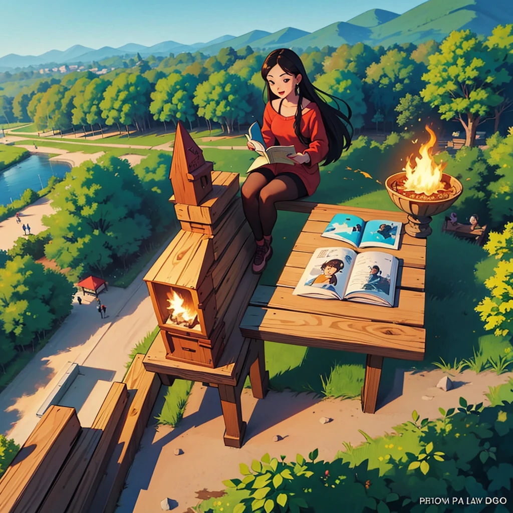 2D stylized image of artists at a park, reading, writing, painting, creating sculptures, friends, fun, inspirational, masterpiece, seen from above, many diverse people, different races and styles, fantastical looking, bird eye view, playing with fire,