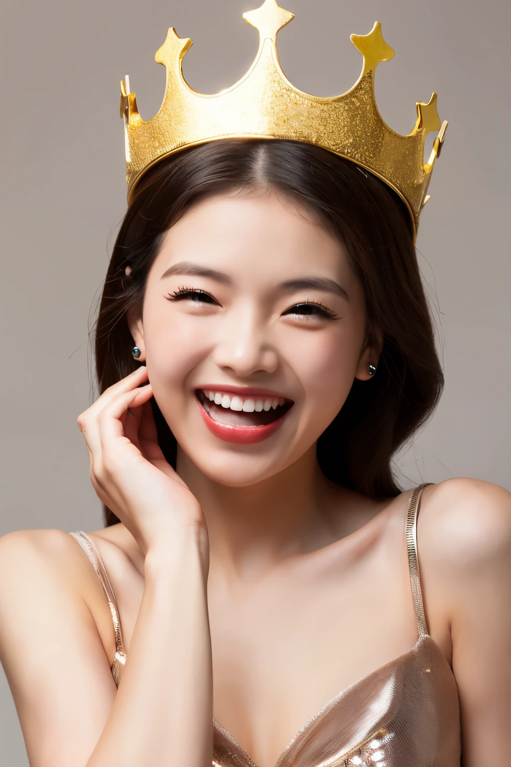 a nice young qween with crown on the head is laughing background neutral