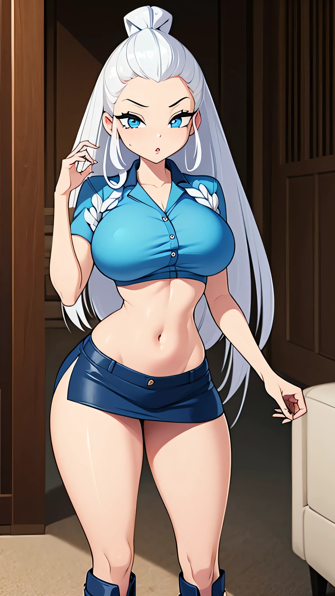 A beautiful girl beautiful attractive sensual big breast long white hair long braids her blue eye big eyelash black slim she dresses short blue top shows navel and a short light blue skirt long white boot 