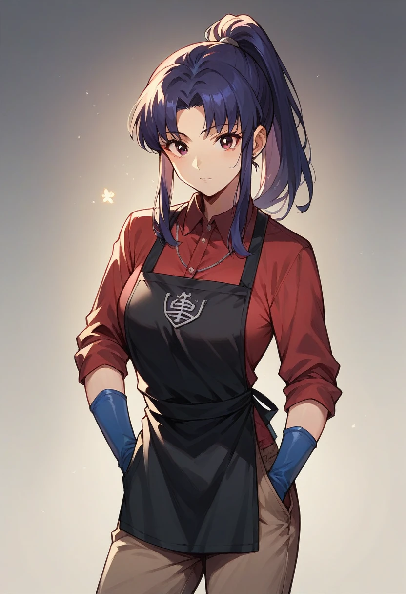 1girl, misato katsuragi, ponytail, ((blue half elbow gloves)), (red shirt), ((long sleeves)), (black ?????), (pants), looking at viewer, standing, solo