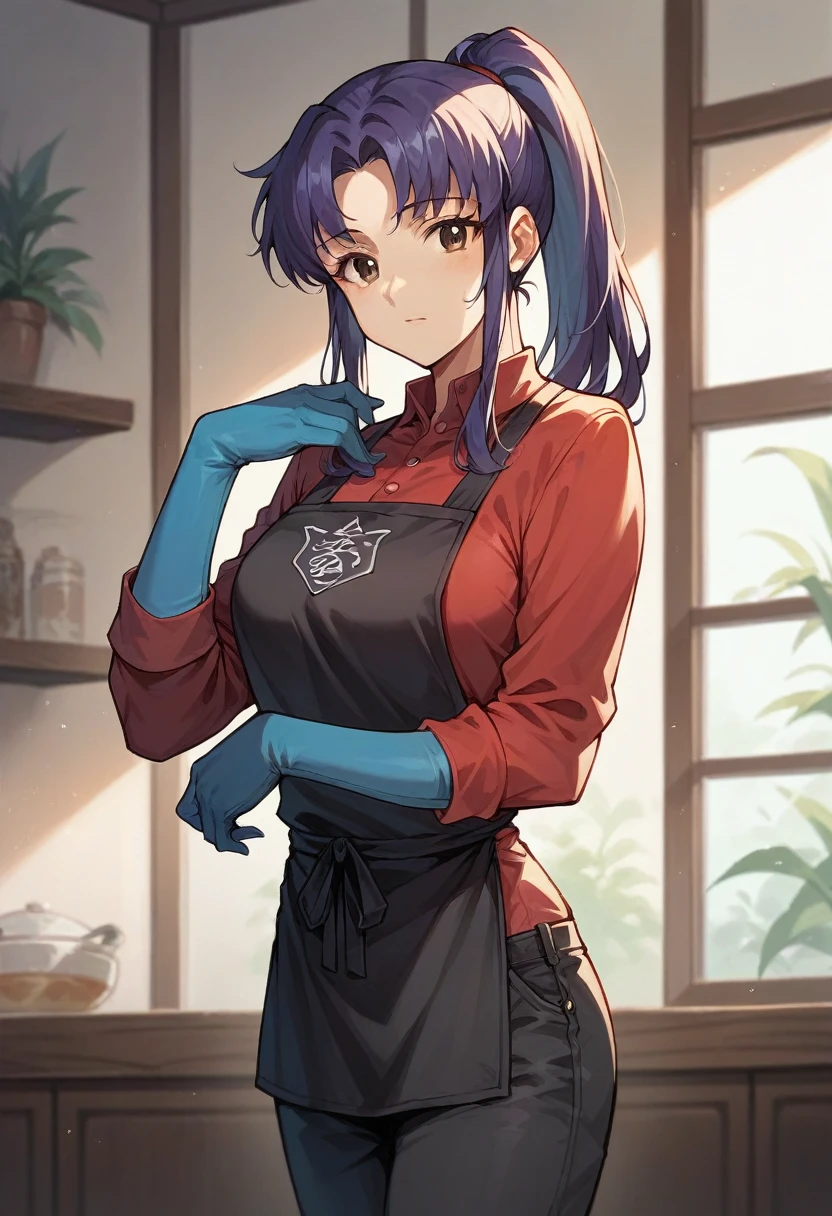 1girl, misato katsuragi, ponytail, ((blue half elbow gloves)), (red shirt), ((long sleeves)), (black apron), (pants), looking at viewer, standing, solo