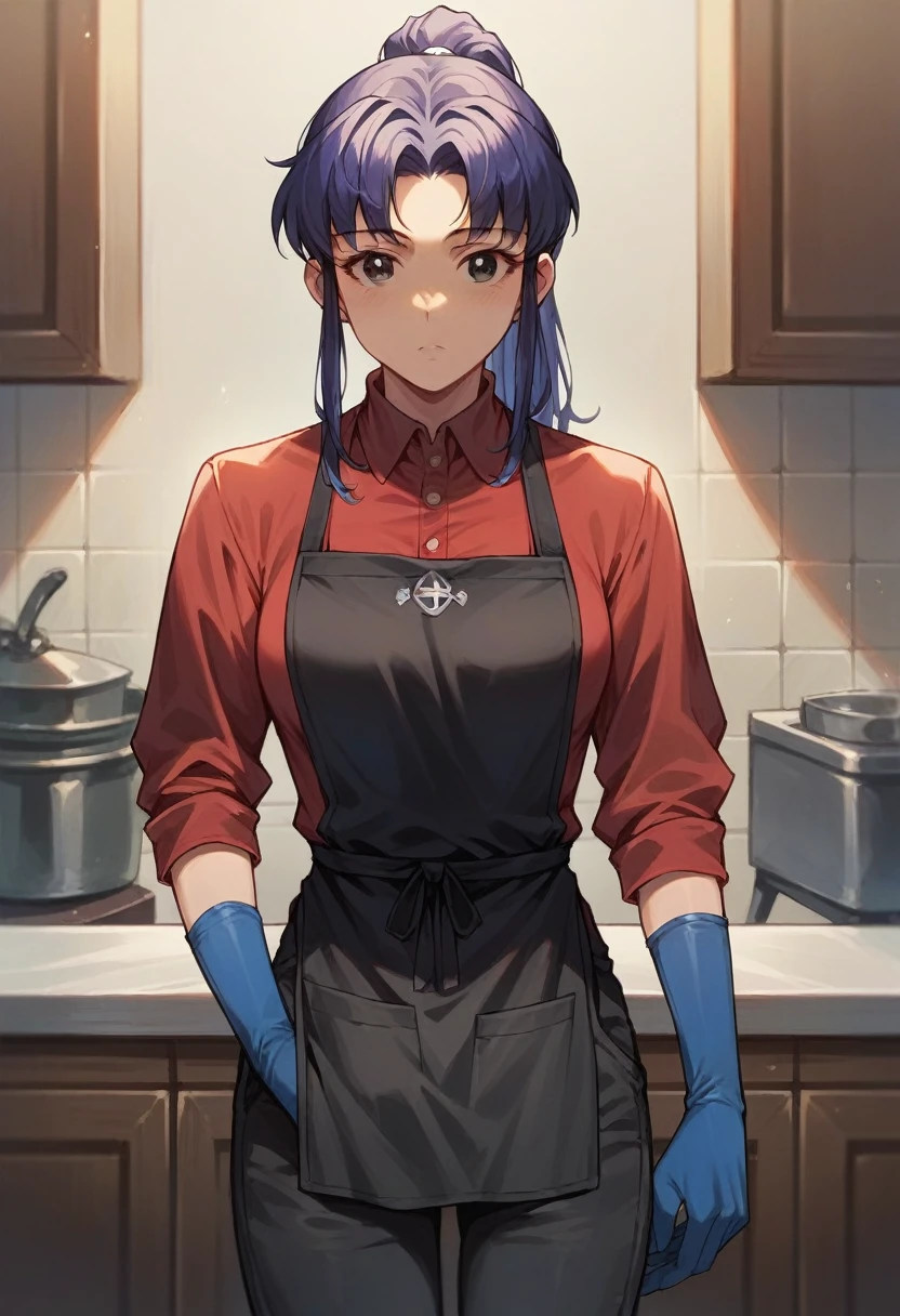 1girl, misato katsuragi, ponytail, ((blue half elbow gloves)), (red shirt), ((long sleeves)), (black apron), (pants), looking at viewer, standing, solo