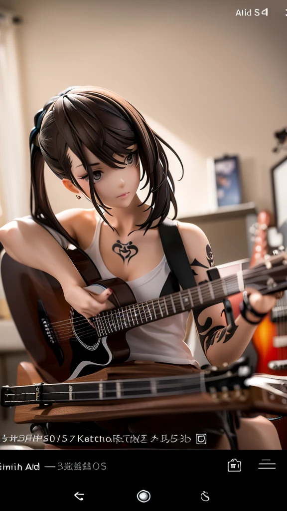 A young woman with short black hair dyed the ends light brown. wearing a black tank top He has graphic tattoos on his shoulder and chest. playing acoustic guitar Create an image of a young woman playing an acoustic guitar in a cozy room. She has short, light brown hair that is dyed at the ends. and wearing a black tank top Intricate graphic tattoos are evident on the shoulders and chest. She has a relaxed and expressive demeanor while playing the guitar. The background of the picture is a room with a simple white door and furniture.