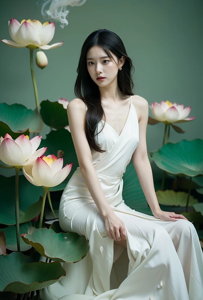 light pink and light white shades,Full body female love, White background, natural lighting, Light Effect, minimalist, elegant, pure tenderness, Soft lighting, realistically. a woman is (clavicle, b shoulder,) placed in a (pray and stand) super giant lotus,The petals are big and long (The petals are very thin, Soft gauze, Full background of flowing petals, Floating petals, super flying petals, Mixed effect of smoke and petals), lotus dress,((view)).lotus_Yoko_Fairy