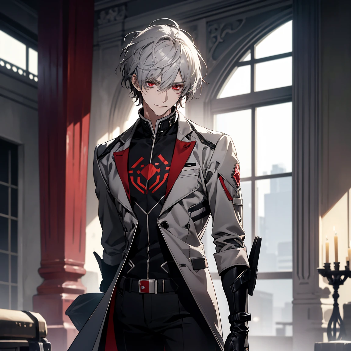 (Confused, High resolution, Very detailed), 1 male, Silver Hair,Shortcuts,Looks soft,Wavy Hair,short hair,Bright red eyes,White and black pilot suit,24th generation,beauty,mature,thin,quiet,Calm,A small smile,,Long coat,Slender and thin,skinny pants,grassland,expensive,