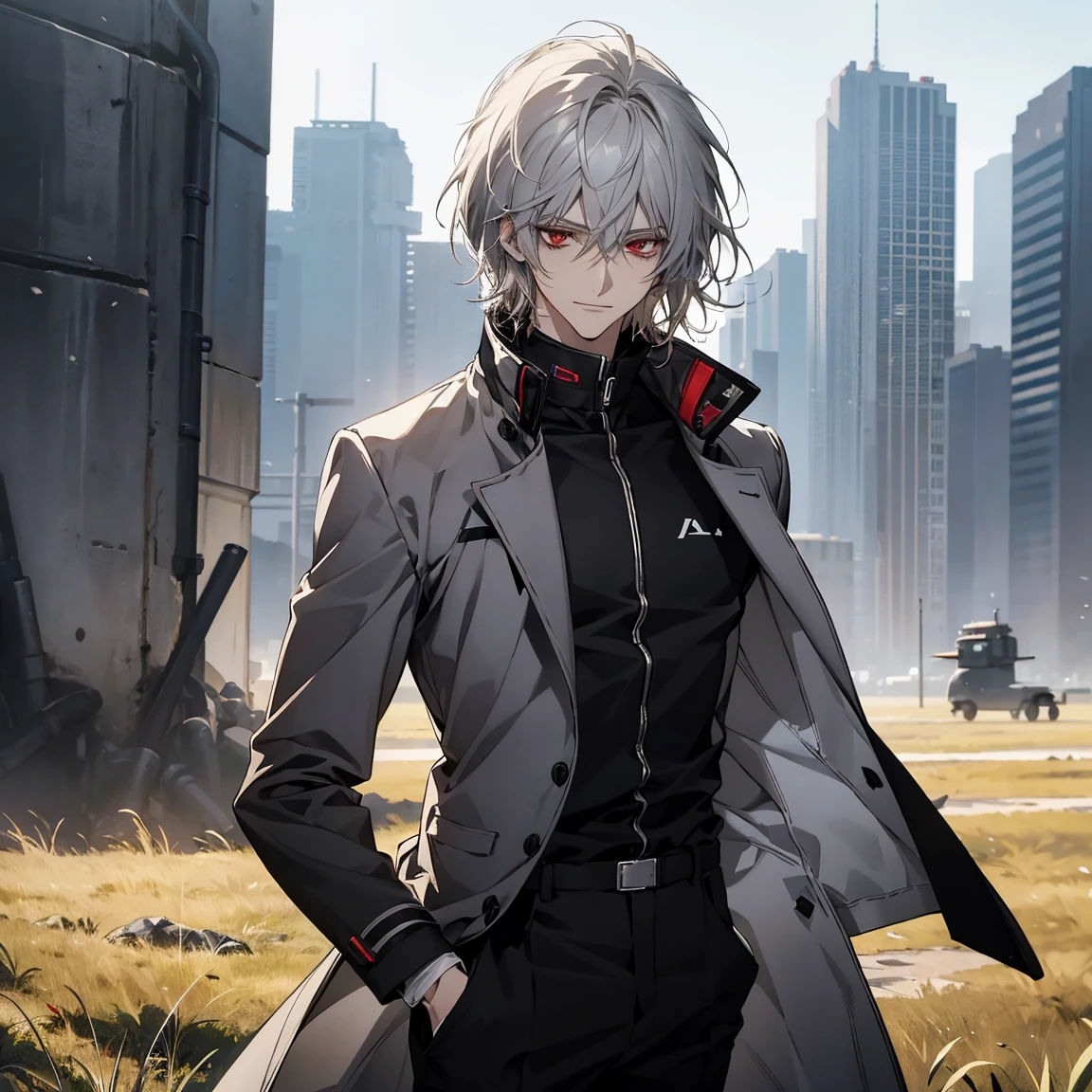 (Confused, High resolution, Very detailed), 1 male, Silver Hair,Shortcuts,Looks soft,Wavy Hair,short hair,Bright red eyes,White and black pilot suit,24th generation,beauty,mature,thin,quiet,Calm,A small smile,,Long coat,Slender and thin,skinny pants,grassland,expensive,