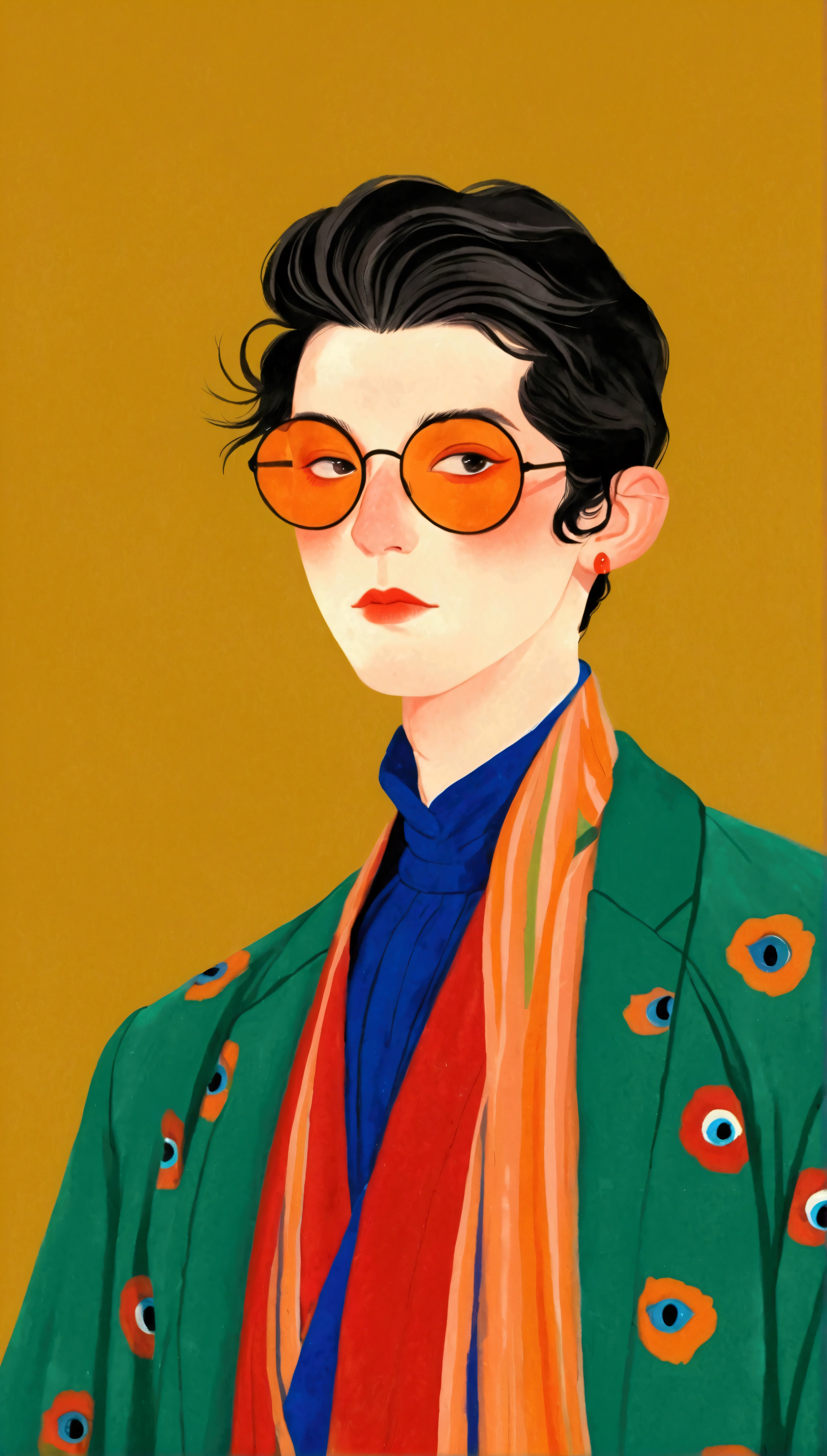 In a painting，A man in a colorful jacket、Delicate androgynous prince wearing a scarf,((( short hair，The third eye on clothes)))，temperament，独奏，Gouache inspired by Lubin Baugin, cg Social Hotspot, Cloisonnism, detailed Fashion Illustration, Fashion Illustration, luxury Fashion Illustration, Hanfu, Complex Abstract. (Gucci style), Color illustrations, cypherpunk Fashion Illustration, ,(((Solid color background)))