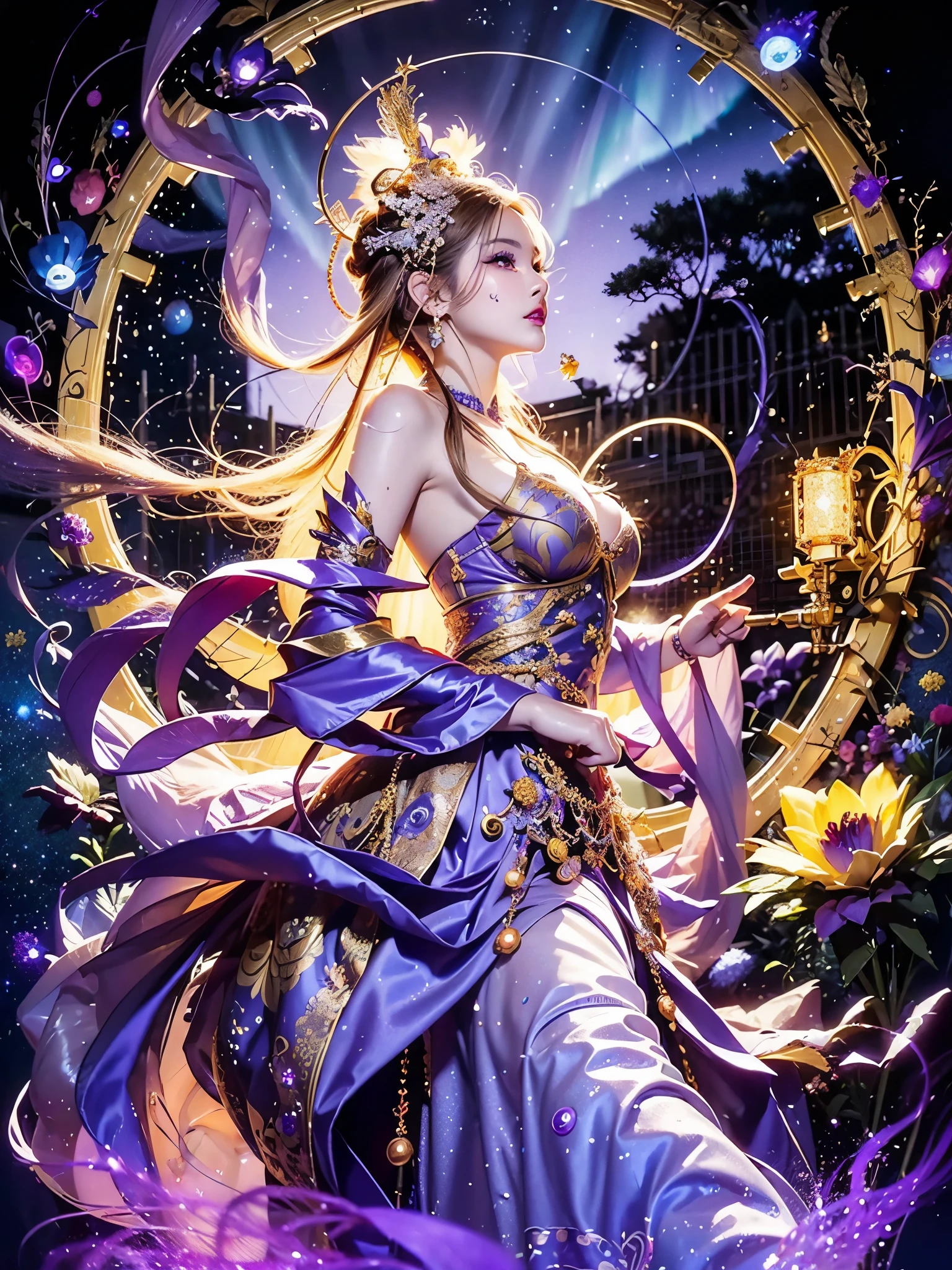 Blonde Hair, One 20-year-old girl, 1. Goddess Athena, Pink purple silk dress, The beautiful, flawless face of the goddess Athena, delicate yellow nightgown, Lots of sexy black lace detailing、Long sheer sequined nightgown, A beautiful pale red silk half veil, Legends of female saints, Icons of female saints, Beautiful goddess-like glitter, Dark and mysterious version, Vermilion lips, Plump red lips, ((口をclose:0.9)), Complete teeth, Symmetrical incisors, Bright white teeth, ((Angry face:0.8)), delicate and beautiful pino detailing, delicate and beautiful lip detail, (Pure and perfect face: 1.9), Female Eucharist, Round Breasts, 大きくてRound Breasts, Phoenix Brooch, Long, flat bangs, Long black hair, Beautiful, clear face and well-proportioned eyes, (Light purple eyes with transparent irises: 1.8), (Big round eyes and makeup, Sexy wet eye makeup, So beautiful、Careful hair and makeup, long and delicate blonde hair, delicate, Body image: 1.8), shape: Brilliant and, (The stars that make up the sky々: 1.7), (The Gate of Heaven and Imaginary Time and Space: 1.8), Imaginary art, RAW Photos, hanfu pictures, Best Photos, High resolution, 最high quality, Best Photos, Best Goddess Quality, 8k female, Super 8 Single Saint Portrait, The most true color scheme, masterpiece, Best Beauty Brands, Best Hair Jewelry, Brand real photo, Dark studio, Border Light, Two-tone lighting, (Rosy white skin: 1.4), (High skin detail: 1.1), 8k uhd, SLR, Soft Light, 8k, high quality, Frank, Smooth and sharp volume, 10x more pixels, Sexy Goddess, Sexy Goddess, (Background Space: 1.8), (The most beautiful aurora eye: 1.7), Beautiful Eyes, The aurora is beautiful and flower-like, (Beautiful single women: 1.8), (see here:0.8), close, Approaching the Goddess, Clear and unrealistic