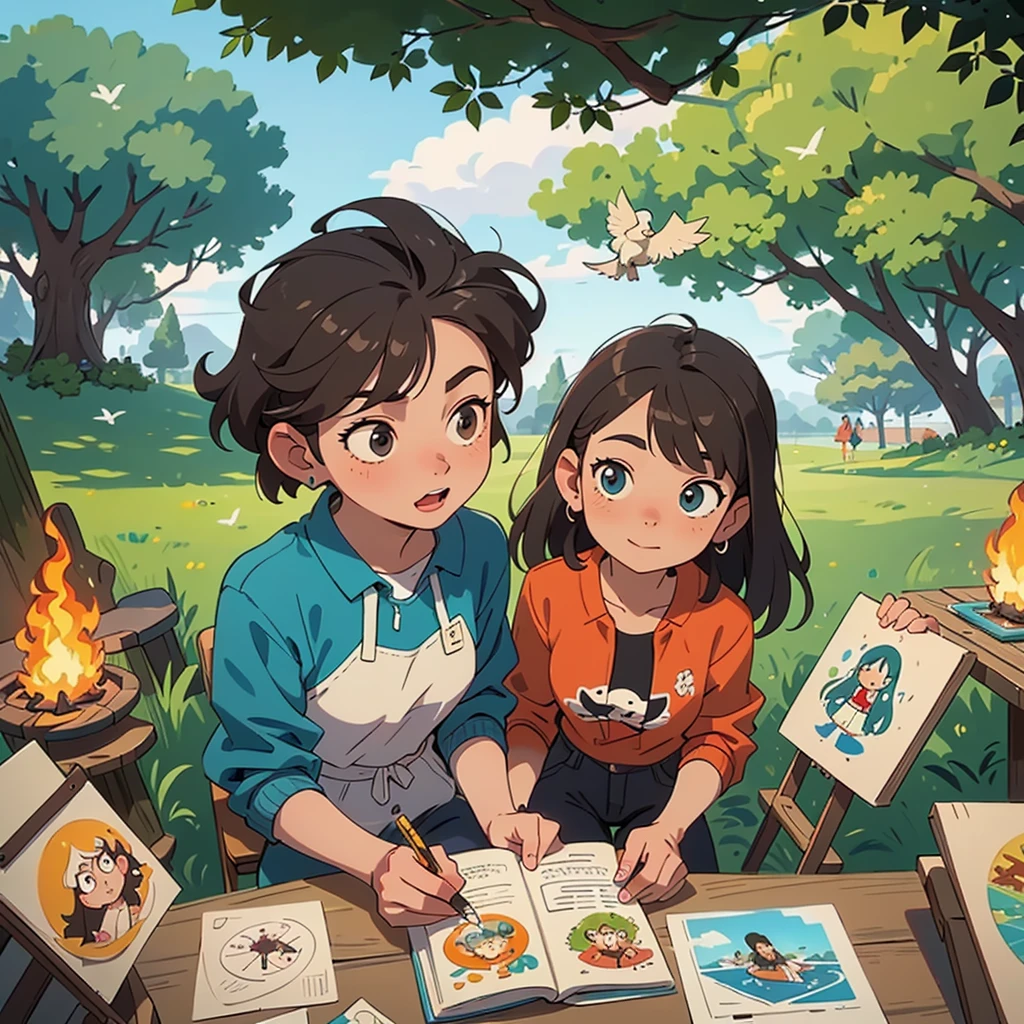 2D stylized image of artists at a park, reading, writing, painting, creating sculptures, friends, fun, inspirational, masterpiece, seen from above, many diverse people, different races and styles, fantastical looking, bird eye view, playing with fire,