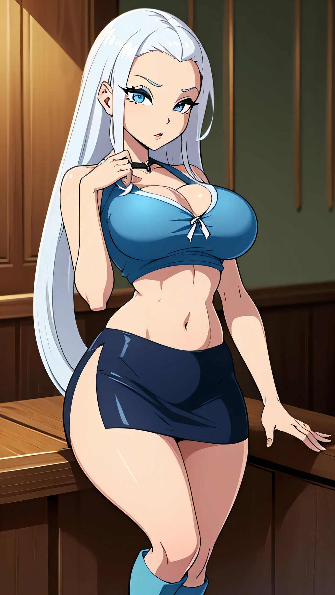 A beautiful girl beautiful attractive sensual big breast long white hair long braids her blue eye big eyelash black slim she dresses short blue top shows navel and a short light blue skirt long white boot 