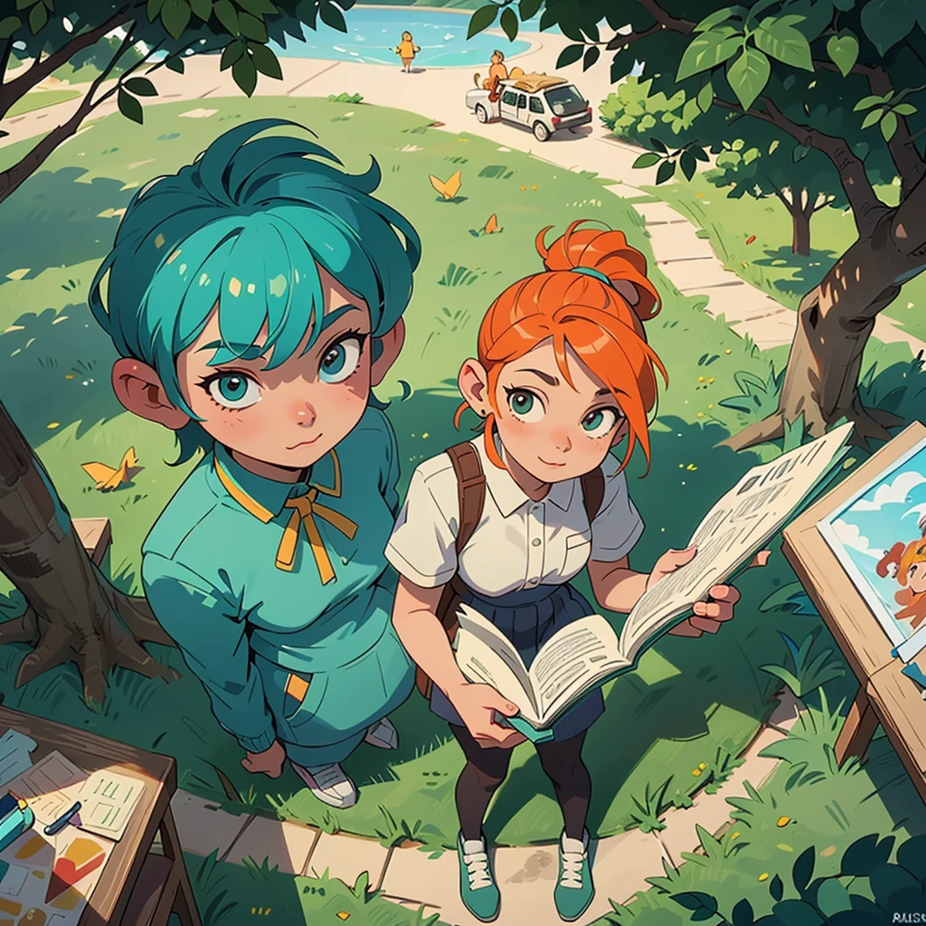 2D stylized image of artists at a park, reading, writing, painting, creating sculptures, friends, fun, inspirational, masterpiece, seen from above, many diverse people, different races and styles, fantastical looking, bird eye view, playing with fire,
