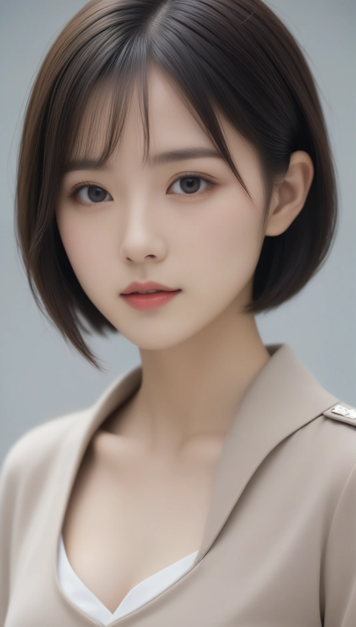 8k, Ultra-high resolution, Highest quality, masterpiece, 三分割法によるphotograph,Surreal, photograph, 1 Girl, (:1.3), pretty girl, Cute Face, Beautiful eyes in every detail, 細かくdetailedに,masterpiece,One Girl:1.2,Japanese female officer,Superior non-commissioned officer,full body,Black short hair,Bob with bangs, (The finest ceremonial attire:1.3),Pencil Skirt,Nazi SS uniform,HUGO BOSS,Sharp contours,Looking down,Gray background, Light from above, Low contrast, (Side view),Perfect and beautiful face ,完璧でCute Face, Skin with attention to detail, Perfect limbs、Narrow waist,Looking at the audience,(((Ideal body type))),A cup small breasts :2,Portraiture:2,Perfect Anatomy,鮮明なdetailed,detailed,Surreal,Light and shadow,glowing