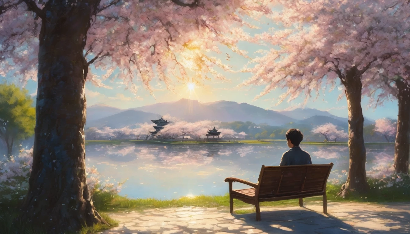 (best quality, masterpiece, ultra detailed, photo realistic), A gentle summer morning scene, with a gentle breeze blowing through the cherry blossom trees. The sunlight filters softly through the petals, casting a warm and hopeful light. In the foreground, a young man stands thoughtful, gazing into the horizon as if waiting for someone. In the background, elements of nostalgia and modernity mix, as memories and dreams intersect. The overall atmosphere is one of quiet reflection mixed with quiet expectation.