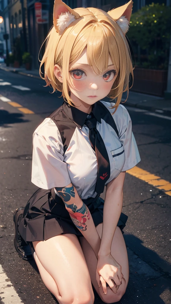 Top quality, masterpiece, high resolution, A girl, woman, full, Solitary, street,Kneeling on the ground, Cat ears, Blonde short hair, Red Eyes(Love in the eyes),blush, About 16 years old, Tattoo