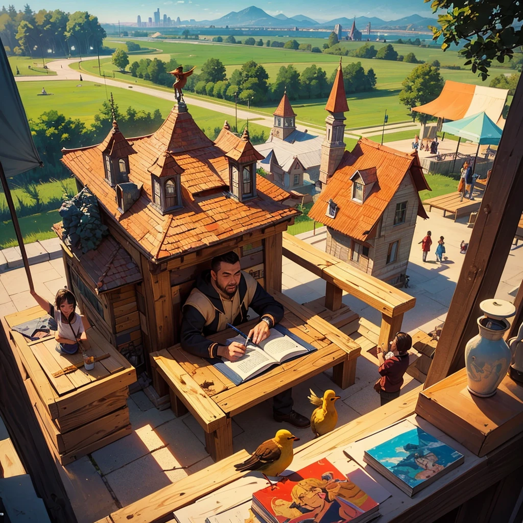 2D stylized image of artists at a park, reading, writing, painting, creating sculptures, friends, fun, inspirational, masterpiece, seen from above, many diverse people, different races and styles, fantastical looking, bird eye view, playing with fire,