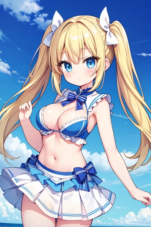 Highest quality,masterpiece,Blonde with blue eyes、Cheergirl、Beautiful breasts、Twin tails、Girl's cute eyes,Stadium,foxpose,foxear,
