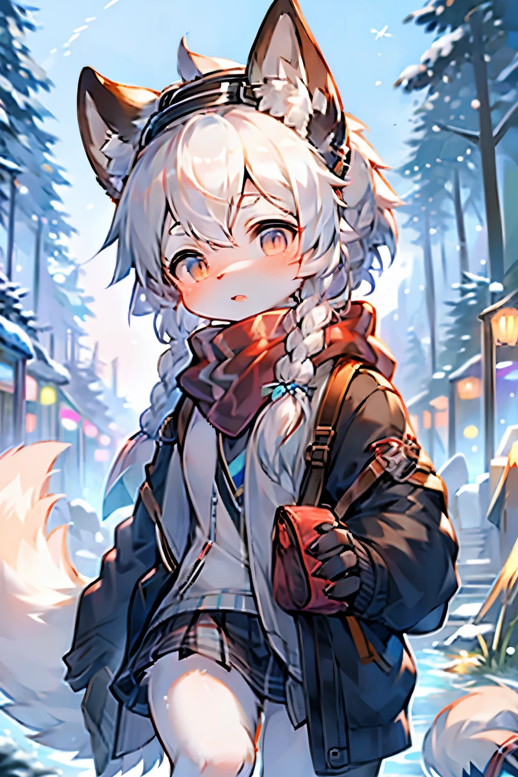 Arctic Fox Girl,Furry girls,Infant and child characteristics,White hair,Double braids,White skin,scarf,Short skirt,Goggles,Skier,Winter Olympics