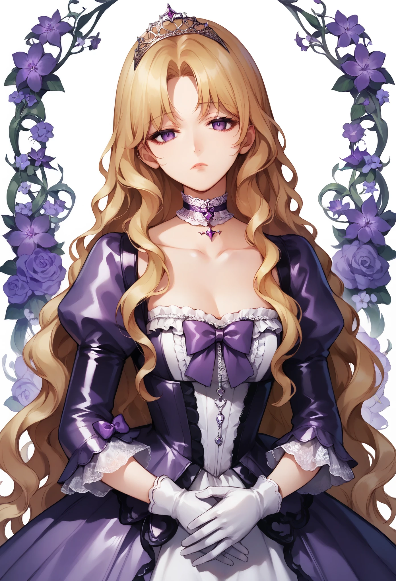 score_9, score_8_up, score_7_up, score_6_up, source_anime, illustration, floral background, romance manhwa, 1girl, blonde hair, solo, long hair, flower, dress, tiara, white dress, gloves, long sleeves, choker, purple eyes, white gloves, purple bow, purple flower, wavy hair, standing, bow, jewelry, looking at viewer, white background, closed mouth, collarbone, puffy sleeves, own hands together, upper body, parted bangs, very long hair, purple dress, frills, bangs, cowboy shot, corruption, corrupt_girl, dark theme, latex, bored