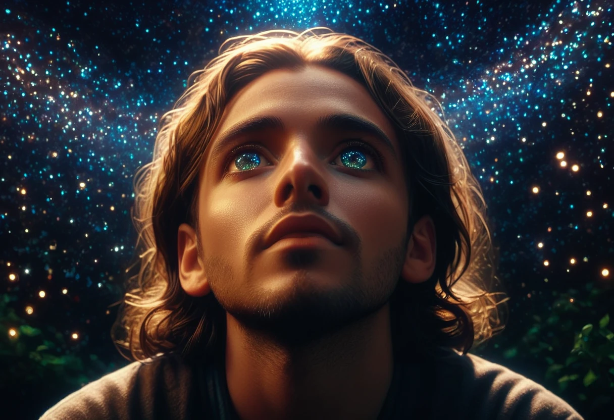 intricate detailed portrait of a man gazing up at the stars, hopeful expression, beautiful detailed eyes, beautiful detailed facial features, chiaroscuro lighting, dramatic high contrast, cinematic, moody, fantasy, dreamlike, vibrant colors, glowing night sky, shimmering stars, ethereal, (best quality,8k,highres,masterpiece:1.2),((realistic,photorealistic,photo-realistic:1.37))