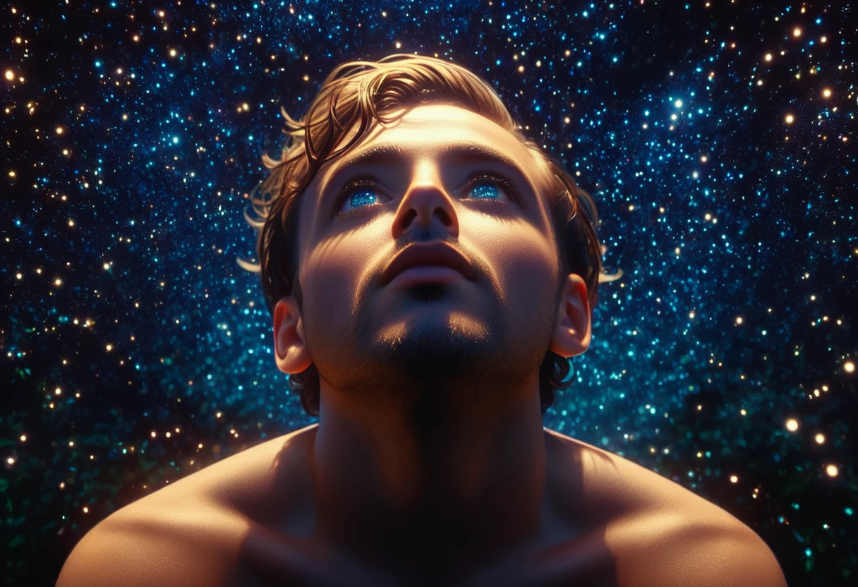 intricate detailed portrait of a man gazing up at the stars, hopeful expression, beautiful detailed eyes, beautiful detailed facial features, chiaroscuro lighting, dramatic high contrast, cinematic, moody, fantasy, dreamlike, vibrant colors, glowing night sky, shimmering stars, ethereal, (best quality,8k,highres,masterpiece:1.2),((realistic,photorealistic,photo-realistic:1.37))
