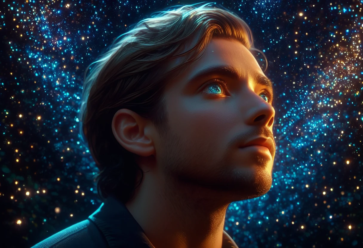 intricate detailed portrait of a man gazing up at the stars, hopeful expression, beautiful detailed eyes, beautiful detailed facial features, chiaroscuro lighting, dramatic high contrast, cinematic, moody, fantasy, dreamlike, vibrant colors, glowing night sky, shimmering stars, ethereal, (best quality,8k,highres,masterpiece:1.2),((realistic,photorealistic,photo-realistic:1.37))
