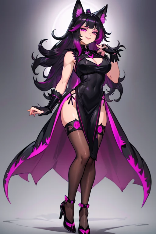 female, black long hair with magenta trim, silver eyes, wolf ears, wolf tail, (((1girl))), (((black sleeveless regal dress with magenta trim))), (black fingerless opera gloves), (black stockings), (black heels), (gold jewelry), cute and sexy, full body, large breasts, long legs, smiling