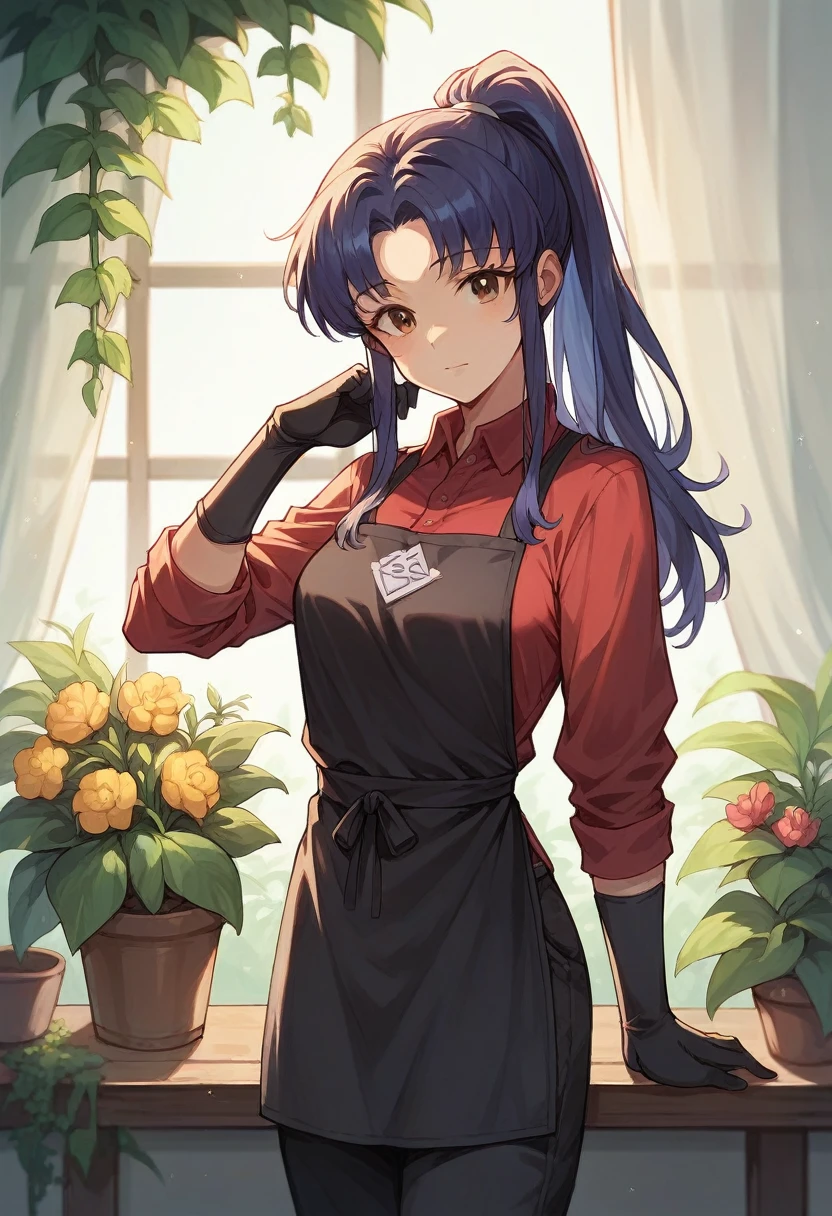 1girl, misato katsuragi, ponytail, ((blue half elbow gloves)), (red shirt), ((long sleeves)), (black apron), (pants), looking at viewer, plants flowers in the flowerbed, solo
