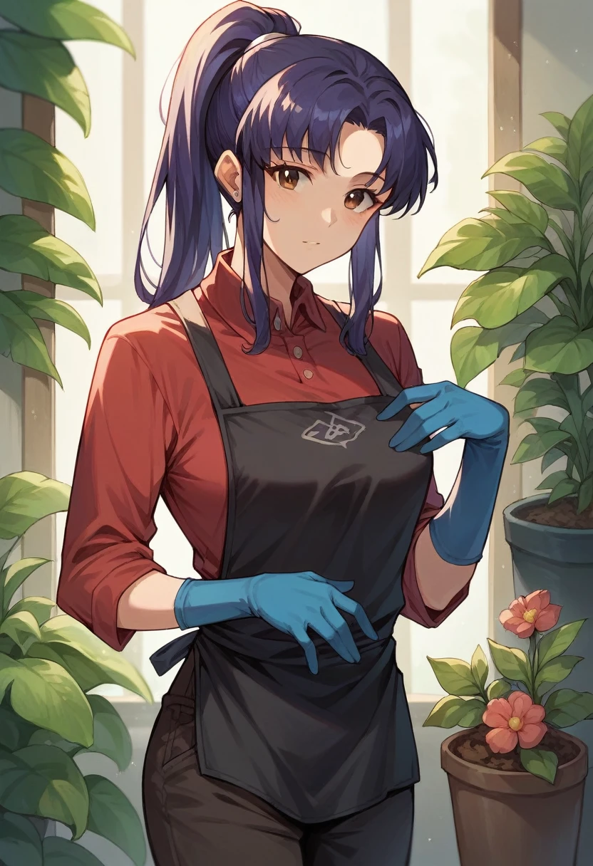 1girl, misato katsuragi, ponytail, ((blue half elbow gloves)), (red shirt), ((long sleeves)), (black apron), (pants), looking at viewer, plants flowers in the flowerbed, solo