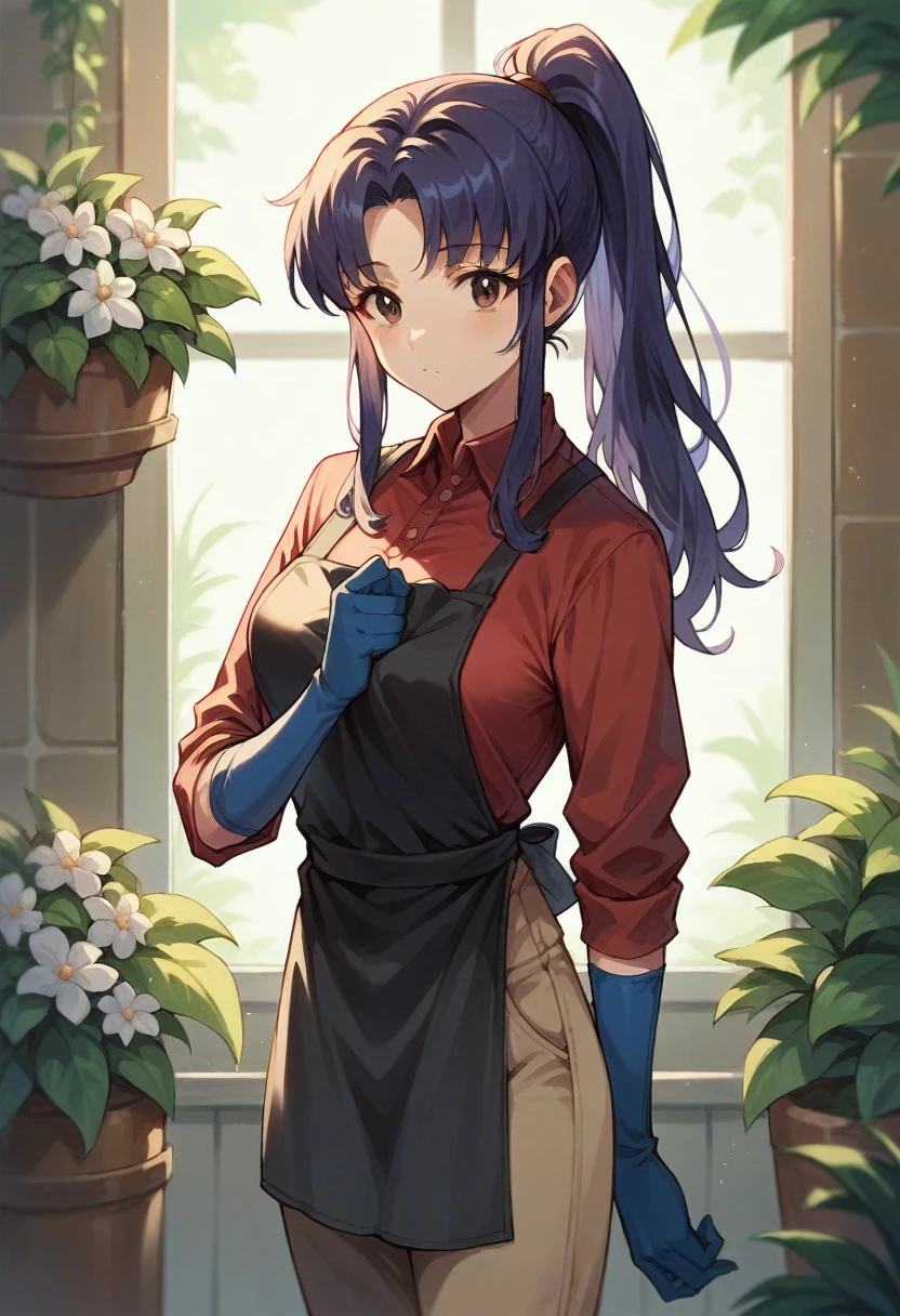 1girl, misato katsuragi, ponytail, ((blue half elbow gloves)), (red shirt), ((long sleeves)), (black apron), (pants), looking at viewer, plants flowers in the flowerbed, solo