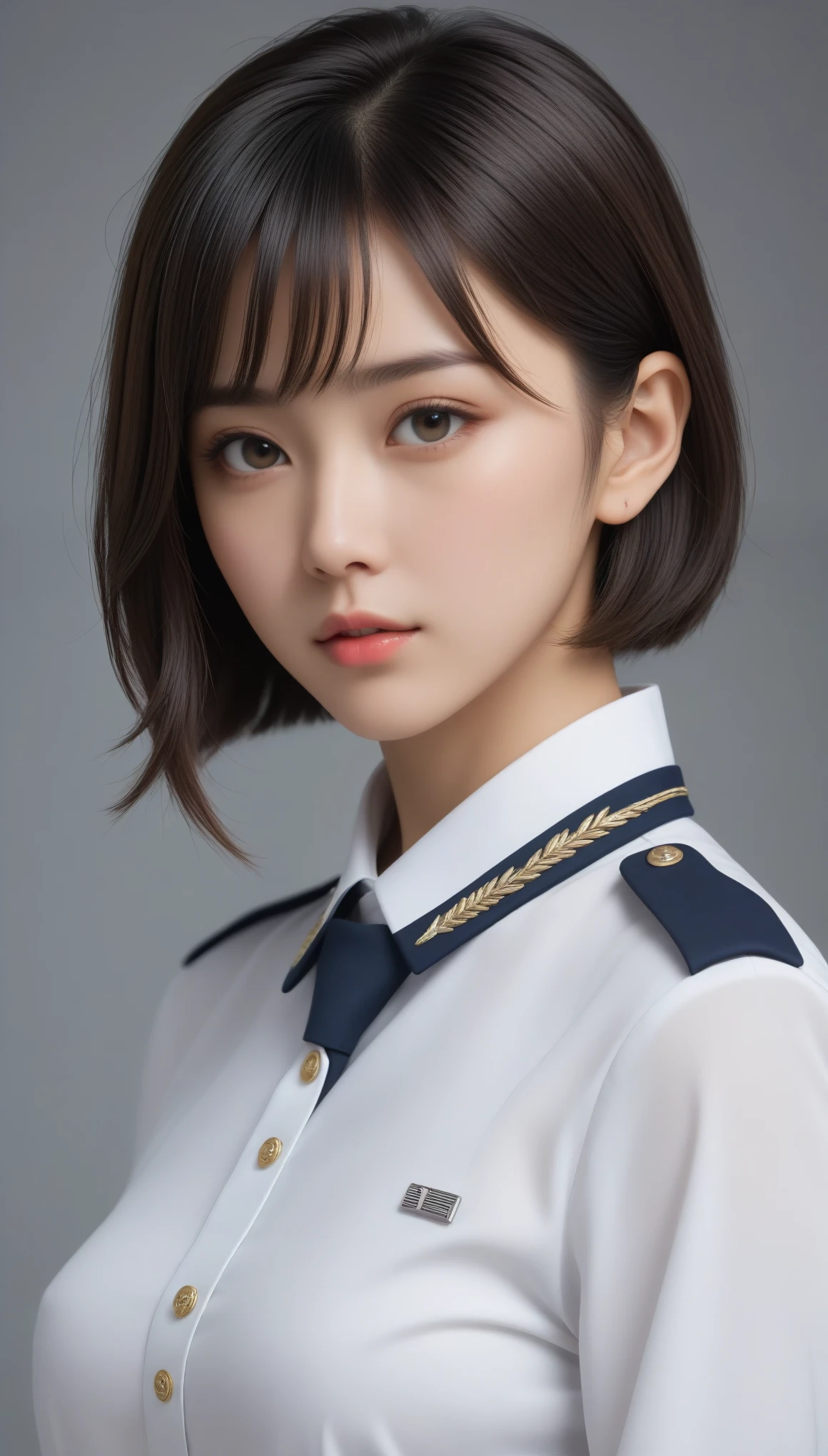 8k, Ultra-high resolution, Highest quality, masterpiece, 三分割法によるphotograph,Surreal, photograph, 1 Girl, (:1.3), pretty girl, Cute Face, Beautiful eyes in every detail, 細かくdetailedに,masterpiece,One Girl:1.2,Japanese female officer,Superior non-commissioned officer,full body,Serious expression,Black short hair,Bob with bangs, (The finest ceremonial attire:1.3),Pencil Skirt,Military clothing,Nazi SS uniform,HUGO BOSS,Sharp contours,Looking down,Gray background, Light from above, Low contrast, (Side view),Perfect and beautiful face ,完璧でCute Face, Skin with attention to detail, Perfect limbs、Narrow waist,Looking at the audience,(((Ideal body type))),A cup small breasts :2,Portraiture:2,Perfect Anatomy,鮮明なdetailed,detailed,Surreal,Light and shadow,glowing