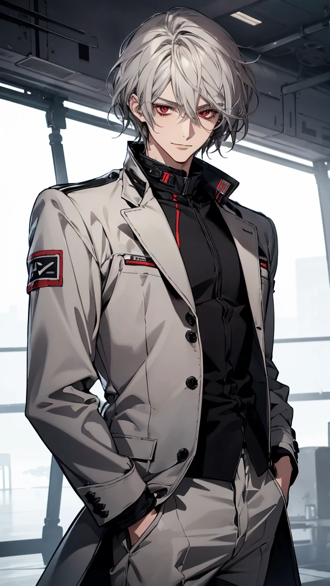 (Confused, High resolution, Very detailed), 1 male, Silver Hair,Shortcuts,Looks soft,Wavy Hair,short hair,Bright red eyes,White and black pilot suit,24th generation,beauty,mature,thin,quiet,Calm,A small smile,,Long coat,Slender and thin,skinny pants,Hangar,expensive,