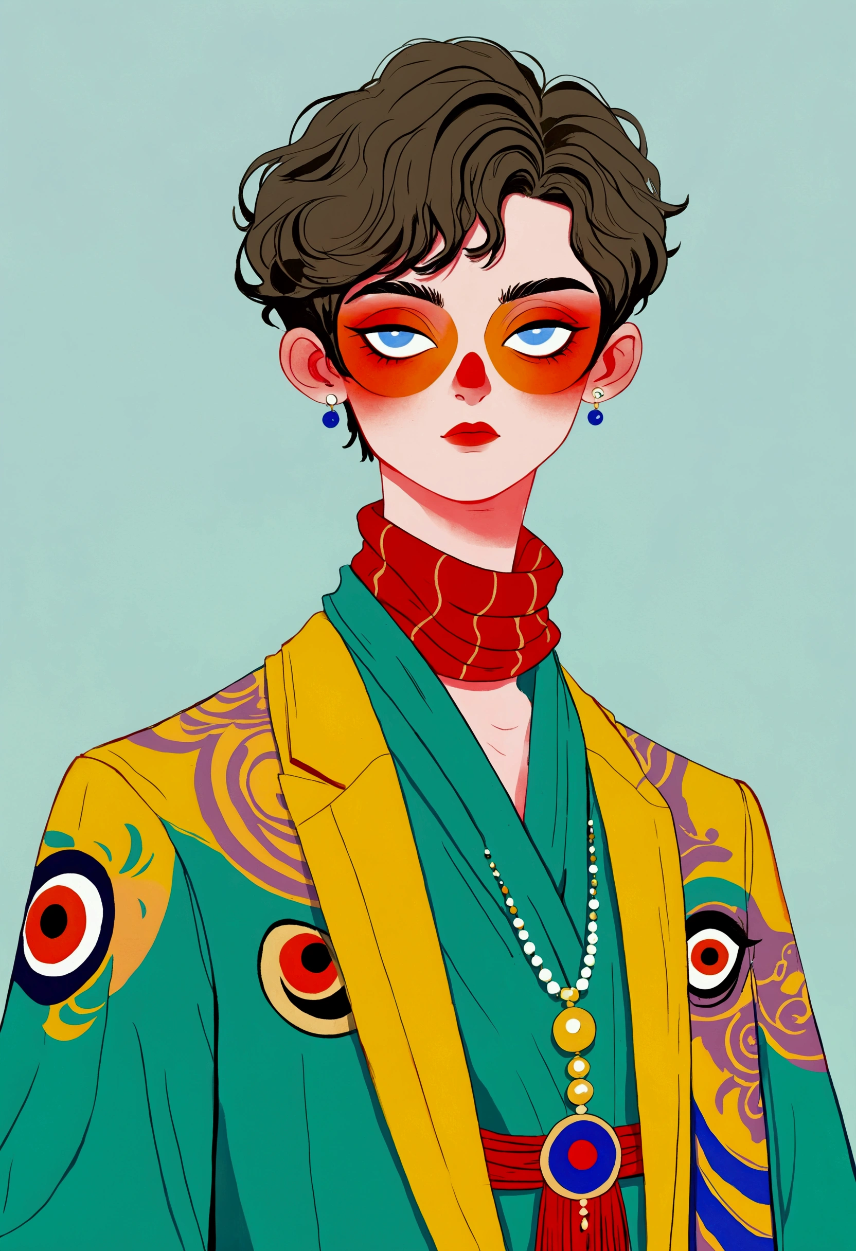 In a painting,A man in a colorful jacket、Delicate androgynous prince wearing a scarf,((( short hair,The third eye on clothes))),temperament,独奏,Gouache inspired by Lubin Baugin, cg Social Hotspot, Cloisonnism, detailed Fashion Illustration, Fashion Illustration, luxury Fashion Illustration, Hanfu, Complex Abstract. (Gucci style), Color illustrations, cypherpunk Fashion Illustration, ,(((Solid color background)))