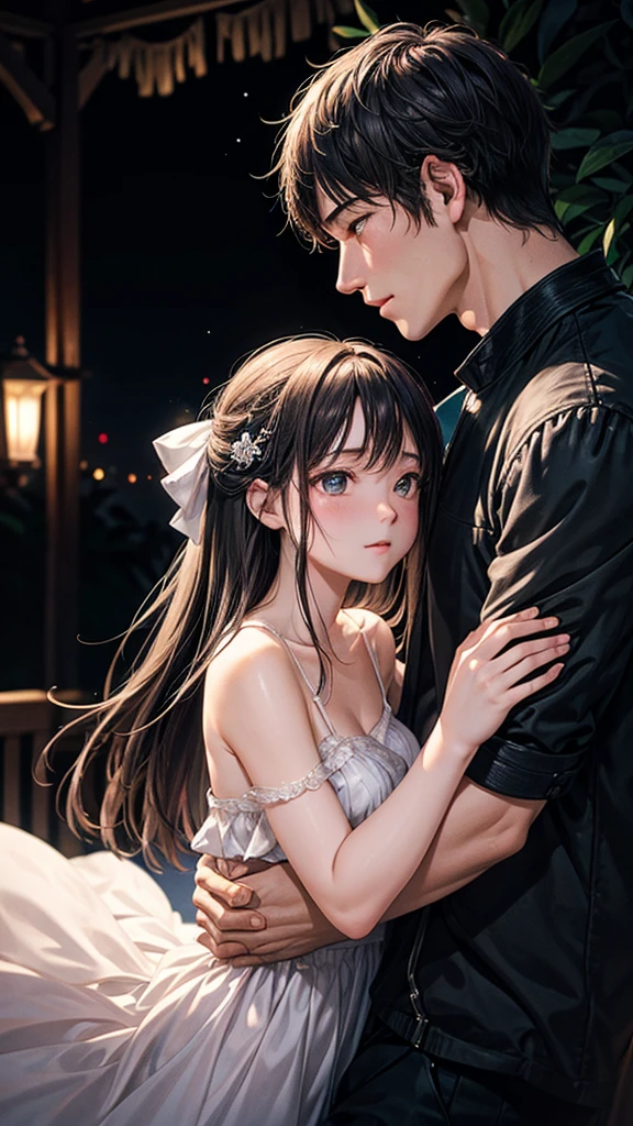 Bathed in the soft glow of moonlight, a couple is enveloped in a romantic embrace beneath the stars, their love palpable in the cool night air. The scene captures their intimate moment under the enchanting canopy of night, with their silhouettes against the darkened sky. Every detail is expertly rendered, from the gentle sway of their bodies to the subtle caress of their hands. The image exudes a sense of timeless romance, drawing viewers into their world of love and connection.