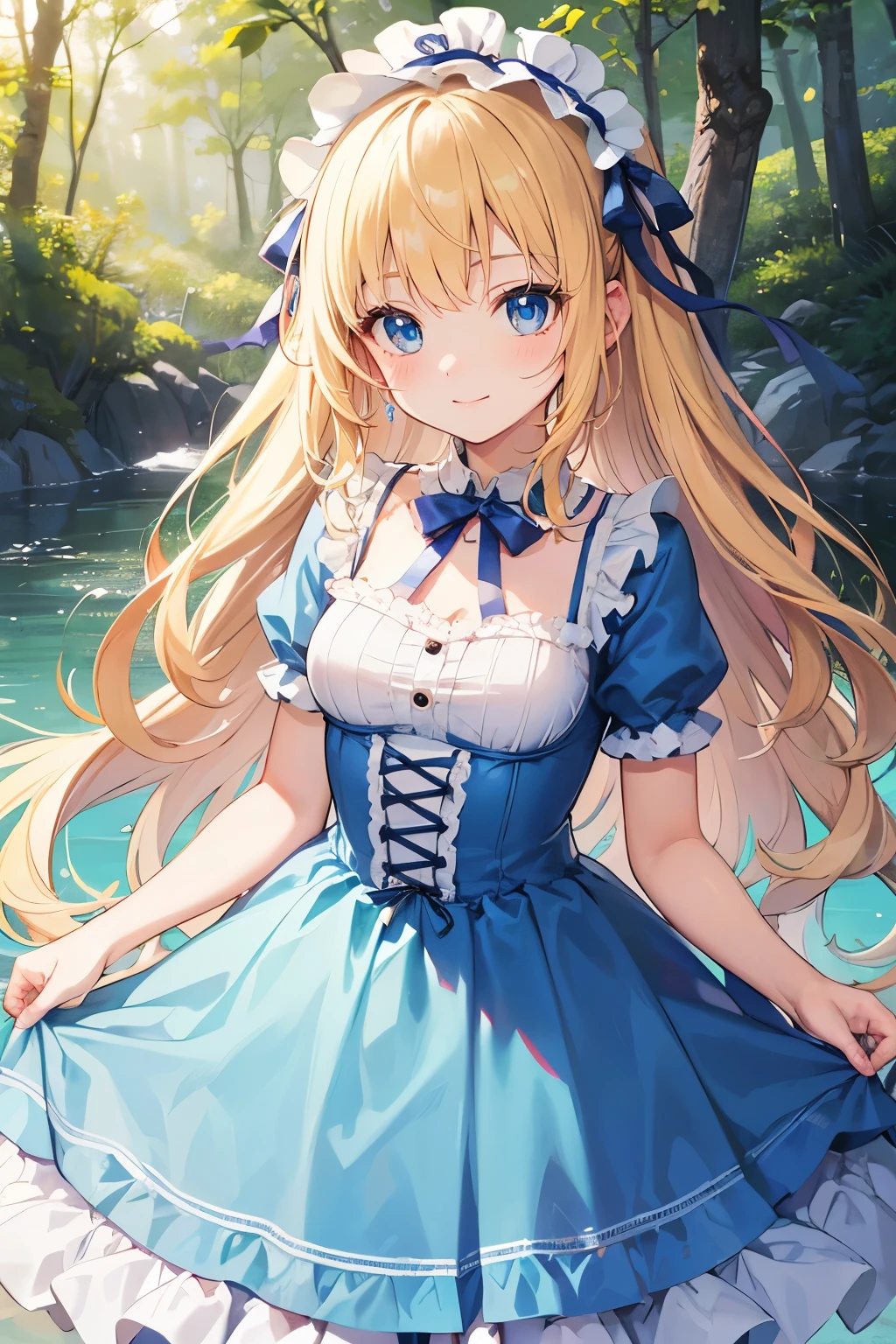 Safe for work, masterpiece, best quality, solo, 1 girl,  cute girl, wholesome girl, (young female body:1.4), ( medium small breasts), cowboy shot, shy smile, flustered, yellow hair, voluminous wavy hair, extra long hair, hime cut, very blunt bangs, light blue eyes, detailed eyes, forest trees, river background, cute lolita fashion, light blue lolita dress, cozy background, light blue lolita dress, ribbons, light blue bows, 