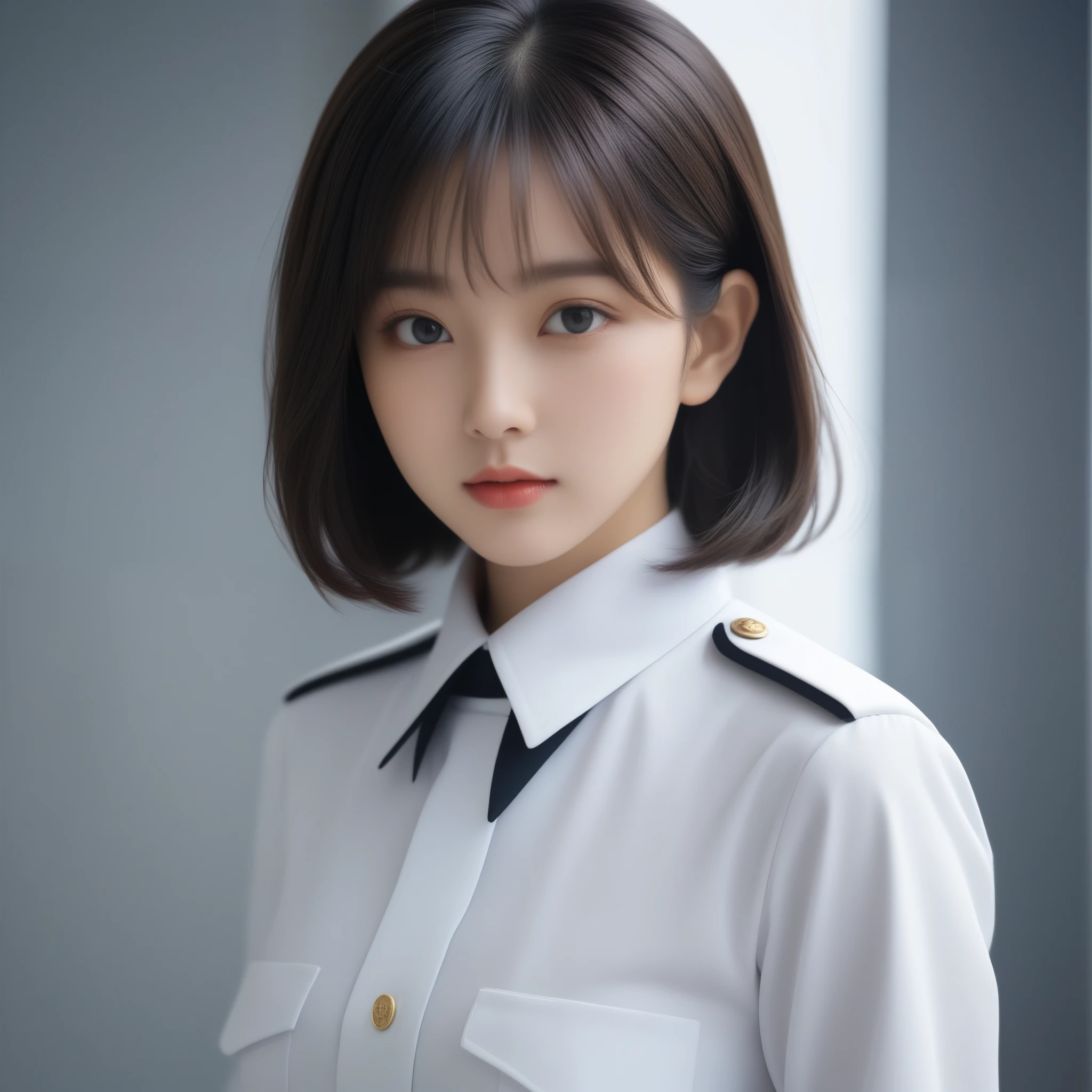 8k, Ultra-high resolution, Highest quality, masterpiece, 三分割法によるphotograph,Surreal, photograph, 1 Girl, (16 years old:1.3), pretty girl, Cute Face, Beautiful eyes in every detail, 細かくdetailedに,masterpiece,One Girl:1.2,Japanese female officer,Superior non-commissioned officer,extream close up,Serious expression,Black short hair,Bob with bangs, (The finest ceremonial attire:1.3),Pencil Skirt,Military clothing,Nazi SS uniform,HUGO BOSS,Sharp contours,Looking down,Gray background, Light from above, Low contrast, (Side view),Perfect and beautiful face ,完璧でCute Face, Skin with attention to detail, Perfect limbs、Narrow waist,Looking at the audience,(((Ideal body type))),A cup small breasts :2,Portraiture:2,Perfect ???????,鮮明なdetailed,detailed,Surreal,Light and shadow,glowing