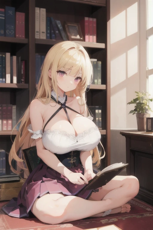 masterpiece, Highest quality, In detail, High resolution, Very delicate and beautiful, Volumetric lighting, Best Shadow, Shallow depth of field, 1 girl, blonde, Pink Eyes, (Huge breasts), Halter top, Pleated skirt, Sitting, room, Bookshelf,