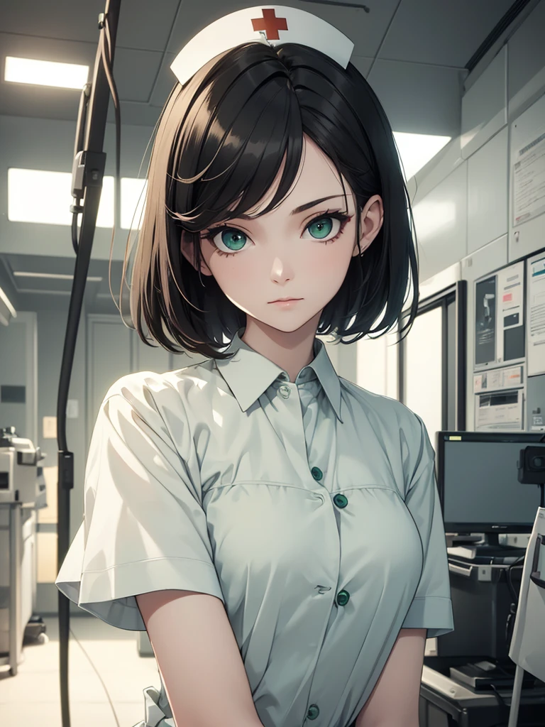 (8K, Best Quality, Masterpiece, Ultra High Resolution) Single Person, 1 Woman, Cute Eyes, Face Details, Pale Skin, Slender, Short, Black Hair, Short Hair, Green Eyes, Nurse Outfit, Hospital, Best Quality, Upper Body, Looking at the Viewer, Facing Viewer, Close Up