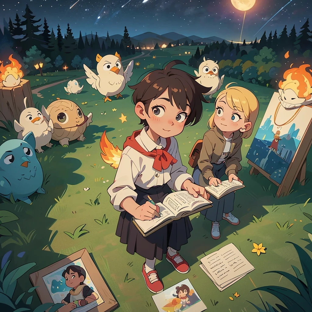 2D stylized image of artists at a park, reading, writing, painting, creating sculptures, friends, fun, inspirational, masterpiece, seen from above, many diverse people, different races and styles, fantastical looking, bird eye view, playing with fire, starry night, magical