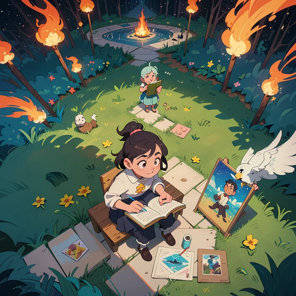 2D stylized image of artists at a park, reading, writing, painting, creating sculptures, friends, fun, inspirational, masterpiece, seen from above, many diverse people, different races and styles, fantastical looking, bird eye view, playing with fire, starry night, magical