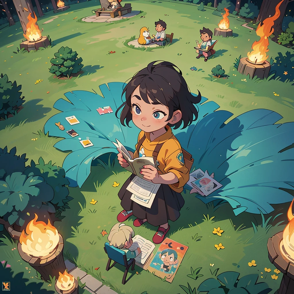 2D stylized image of artists at a park, reading, writing, painting, creating sculptures, friends, fun, inspirational, masterpiece, seen from above, many diverse people, different races and styles, fantastical looking, bird eye view, playing with fire, starry night, magical