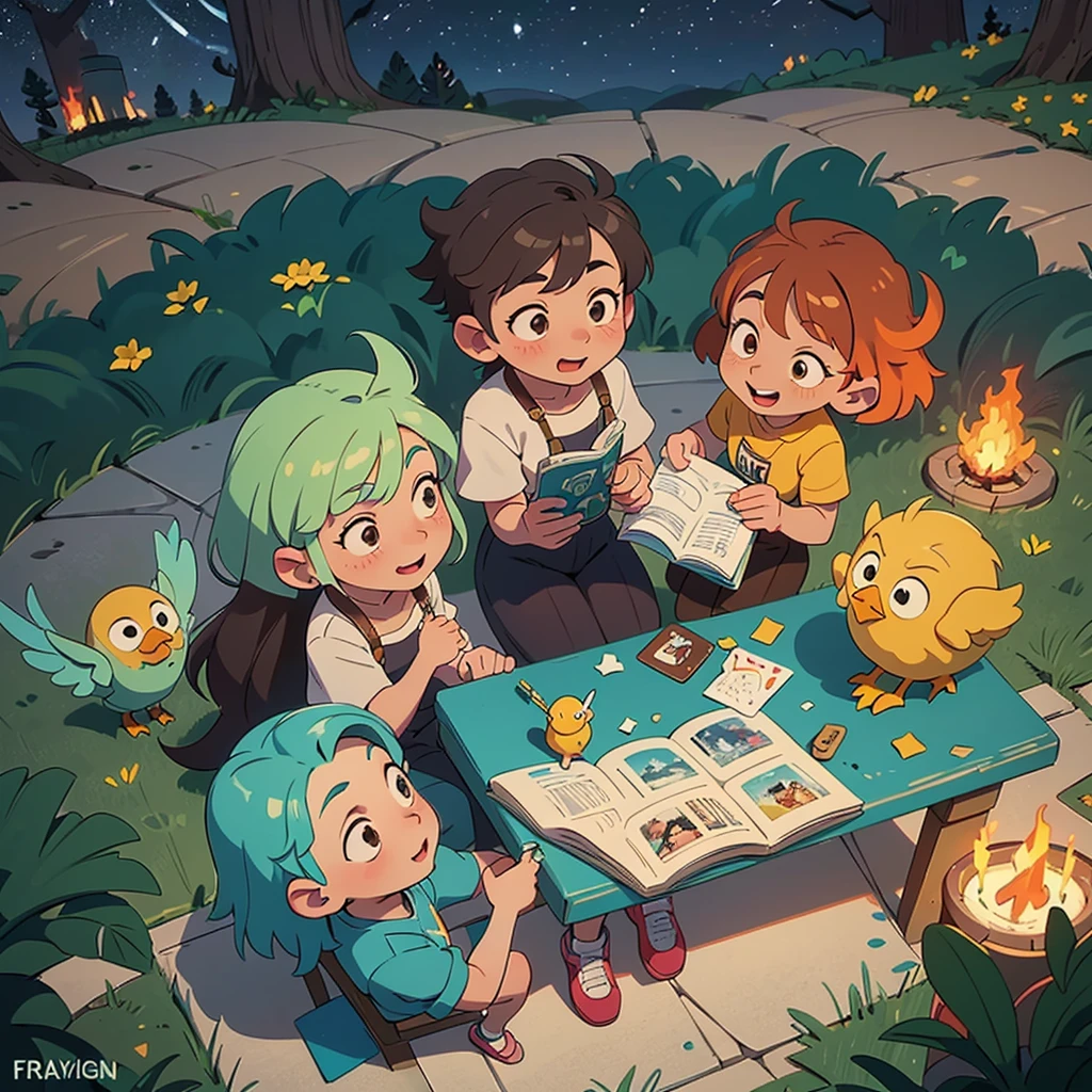 2D stylized image of artists at a park, reading, writing, painting, creating sculptures, friends, fun, inspirational, masterpiece, seen from above, many diverse people, different races and styles, fantastical looking, bird eye view, playing with fire, starry night, magical