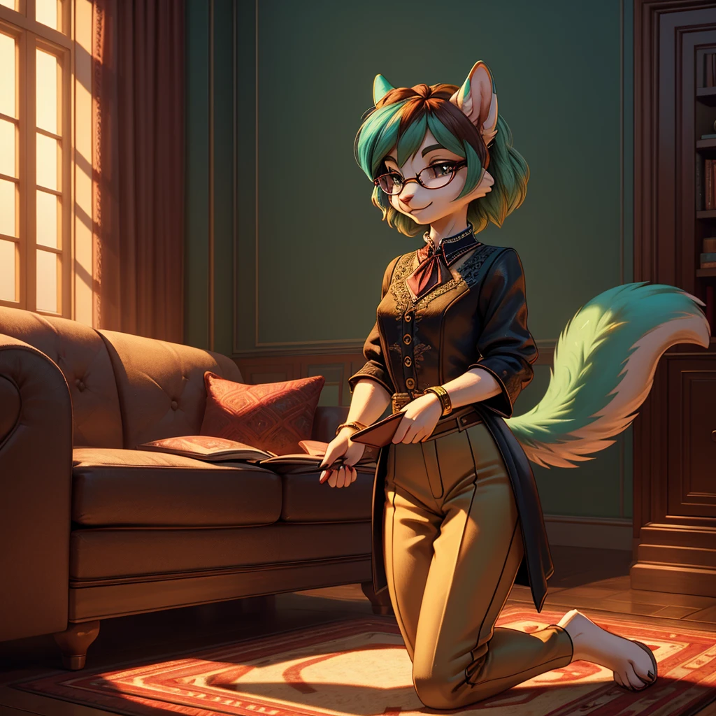 **Prompt:** A beautiful, (masterpiece), high quality, perfect lighting, highly detailed CG Unity 8k wallpaper, high resolution, perfect lighting, youthful, adolescent, tall, slim, skinny, frail slender figure, slim legs, distinctly feminine figure, narrow hips, long legs, close-up shot of a unique female squirrel character. She has sleek, chocolate brown fur with a subtle sheen, giving her a polished and elegant appearance. Her hair is short and tousled, a rich auburn color with natural highlights, adding a playful touch. Her eyes are a captivating teal, wide and bright, with a curious and mischievous sparkle.

She is dressed in a vintage-inspired outfit: a tailored, high-collared blouse with intricate lace detailing, paired with high-waisted, wide-legged trousers in a muted olive green. Her ensemble is complemented by a pair of retro, round glasses with a gold frame, giving her a sophisticated yet quirky vibe. Her accessories include a small brooch pinned to her blouse, depicting a tiny compass, and a leather bracelet wrapped around her wrist.

The character is posed in a relaxed, casual manner, sitting cross-legged on a soft, patterned rug. She leans forward slightly, propped up on one hand, with the other hand holding an old-fashioned book, her fingers gently playing with the pages. Her expression is one of focused curiosity, with a slight, thoughtful smile as she reads. The background is minimally detailed, with just a hint of a vintage-style room, keeping the focus on her engaging features and the detailed textures of her clothing and fur. The scene conveys a sense of quiet exploration and intellectual curiosity.