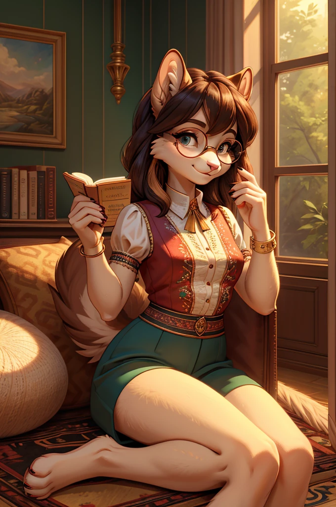 **Prompt:** A beautiful, (masterpiece), high quality, perfect lighting, highly detailed CG Unity 8k wallpaper, high resolution, perfect lighting, youthful, adolescent, tall, slim, skinny, frail slender figure, slim legs, distinctly feminine figure, narrow hips, long legs, close-up shot of a unique female squirrel character. She has sleek, chocolate brown fur with a subtle sheen, giving her a polished and elegant appearance. Her hair is short and tousled, a rich auburn color with natural highlights, adding a playful touch. Her eyes are a captivating teal, wide and bright, with a curious and mischievous sparkle.
She is dressed in a vintage-inspired outfit: a tailored, high-collared blouse with intricate lace detailing, paired with high-waisted, wide-legged trousers in a muted olive green. Her ensemble is complemented by a pair of retro, round glasses with a gold frame, giving her a sophisticated yet quirky vibe. Her accessories include a small brooch pinned to her blouse, depicting a tiny compass, and a leather bracelet wrapped around her wrist.
The character is posed in a relaxed, casual manner, sitting cross-legged on a soft, patterned rug. She leans forward slightly, propped up on one hand, with the other hand holding an old-fashioned book, her fingers gently playing with the pages. Her expression is one of focused curiosity, with a slight, thoughtful smile as she reads. The background is minimally detailed, with just a hint of a vintage-style room, keeping the focus on her engaging features and the detailed textures of her clothing and fur. The scene conveys a sense of quiet exploration and intellectual curiosity.